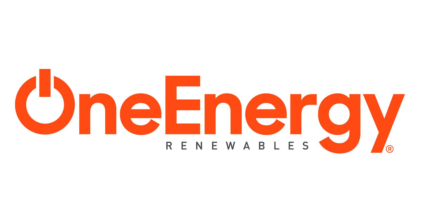 Logo of OneEnergy Renewables with an orange power button icon and text.