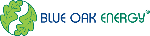 Blue Oak Energy logo with stylized green oak leaves and blue text.