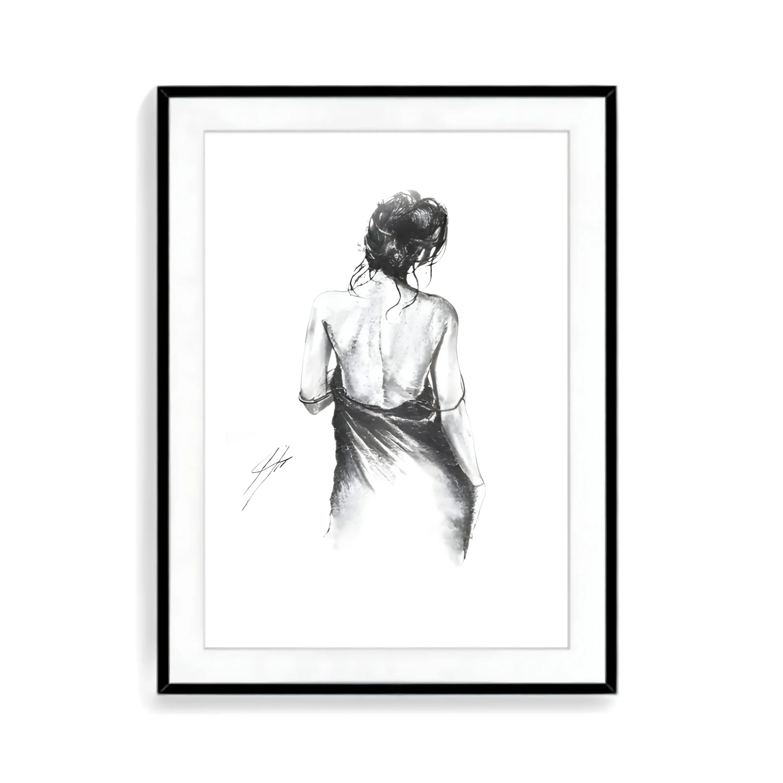 Black and white sketch of a woman viewed from the back, with her hair in an updo and wearing a draped dress, framed and displayed on a white wall.