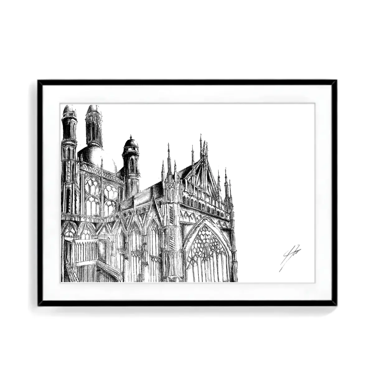 A framed architectural sketch of a Gothic cathedral with flying buttresses and tall spires on white background, labeled 'Not for Sale' in the top left corner.