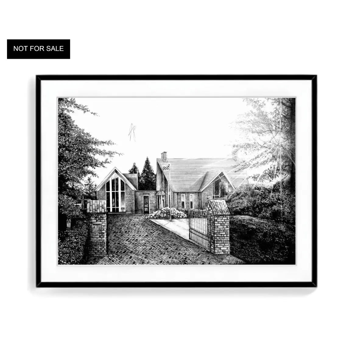 Black and white sketch of a house with a brick driveway, gate, and trees surrounding it.