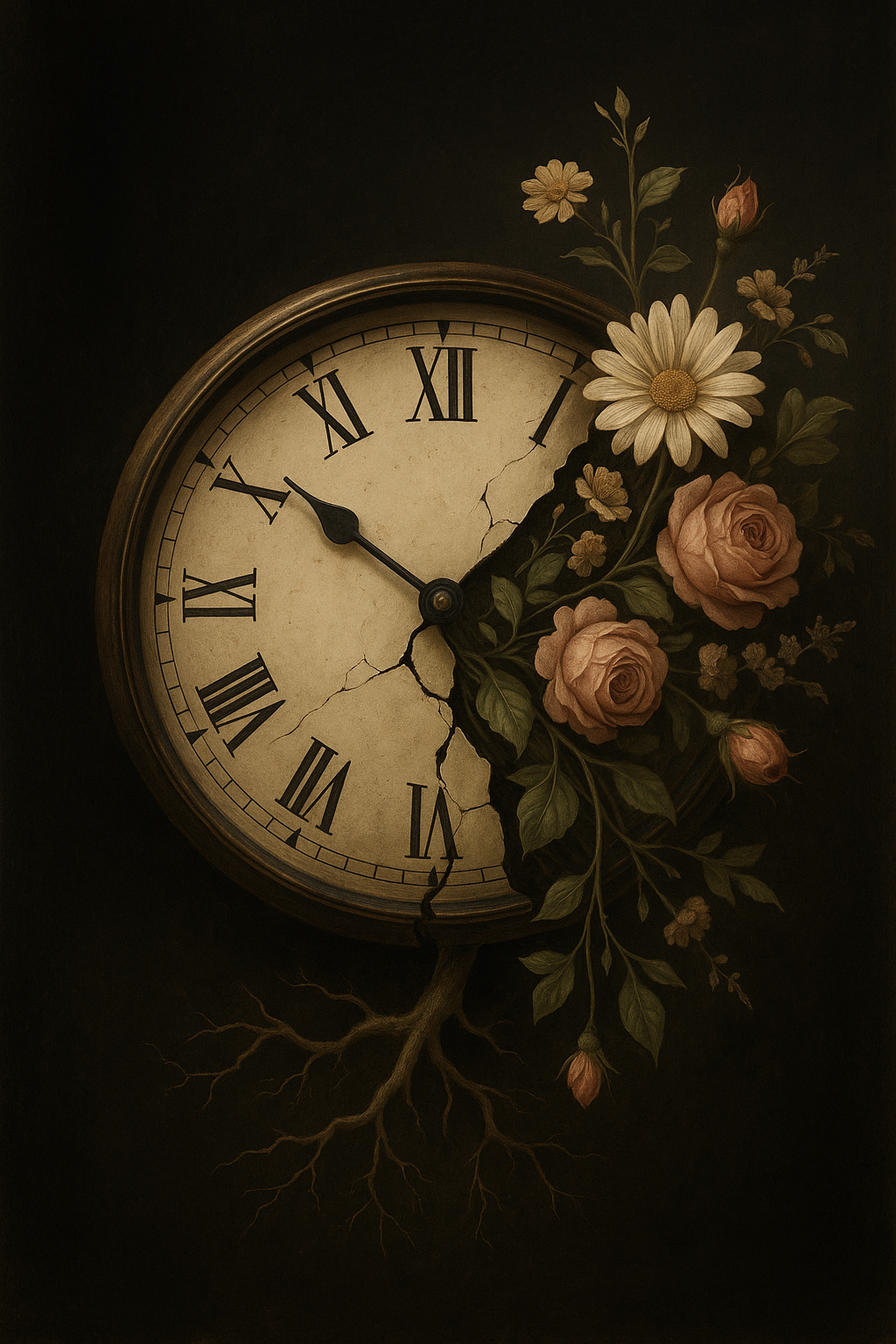 Clock with Roman numerals and a cracked face, decorated with flowers and roots growing from the bottom.
