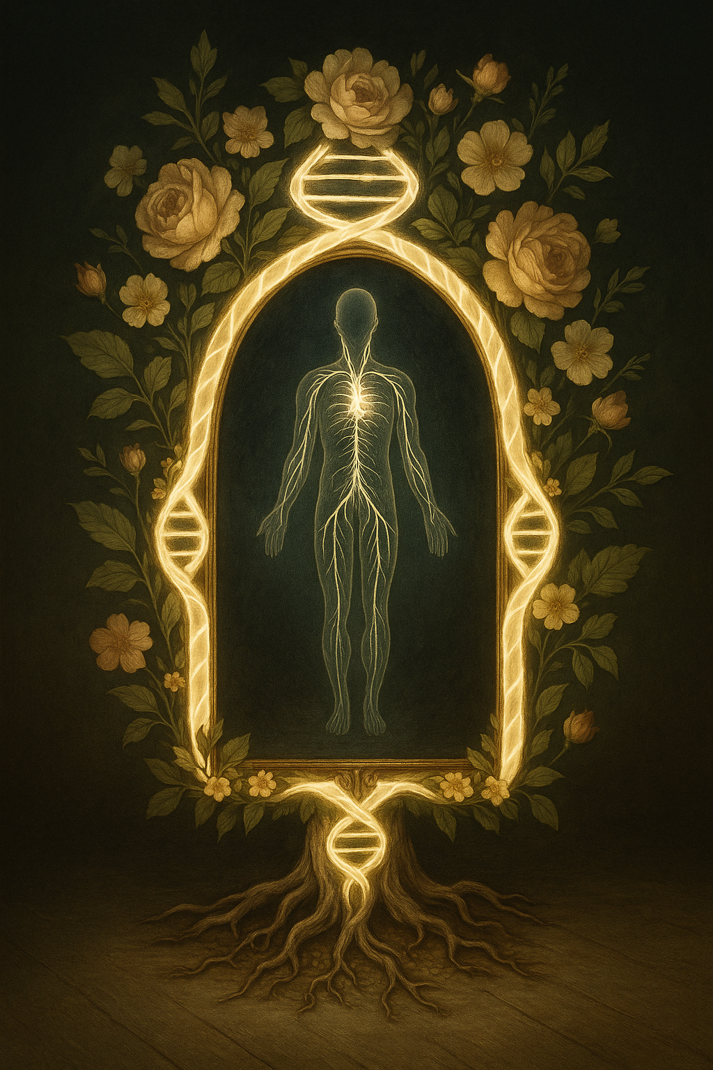 A glowing illustration of the human nervous system inside a frame surrounded by flowers and leaves, with a DNA double helix at the top and roots at the bottom intertwined with the frame.