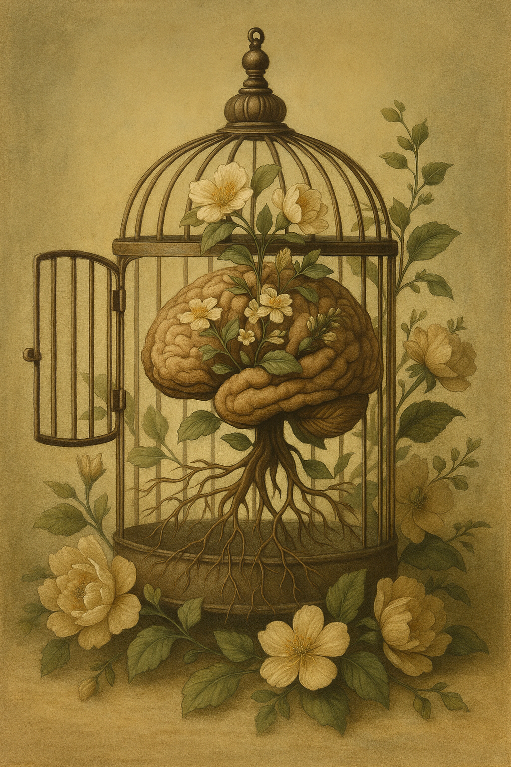 A brain inside a birdcage with blooming flowers and green leaves, roots extending from the brain, and an open door on the cage, surrounded by flowers and leaves.
