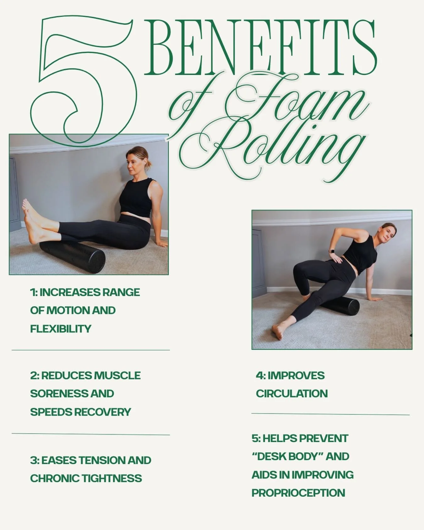 Foam Rolling can be pure magic. It reduces feelings of stiffness, supports circulation, supports posture and balance when combined with stretching and other low-impact activities, and can help increase flexibility. 

Start small, and see big impacts.
