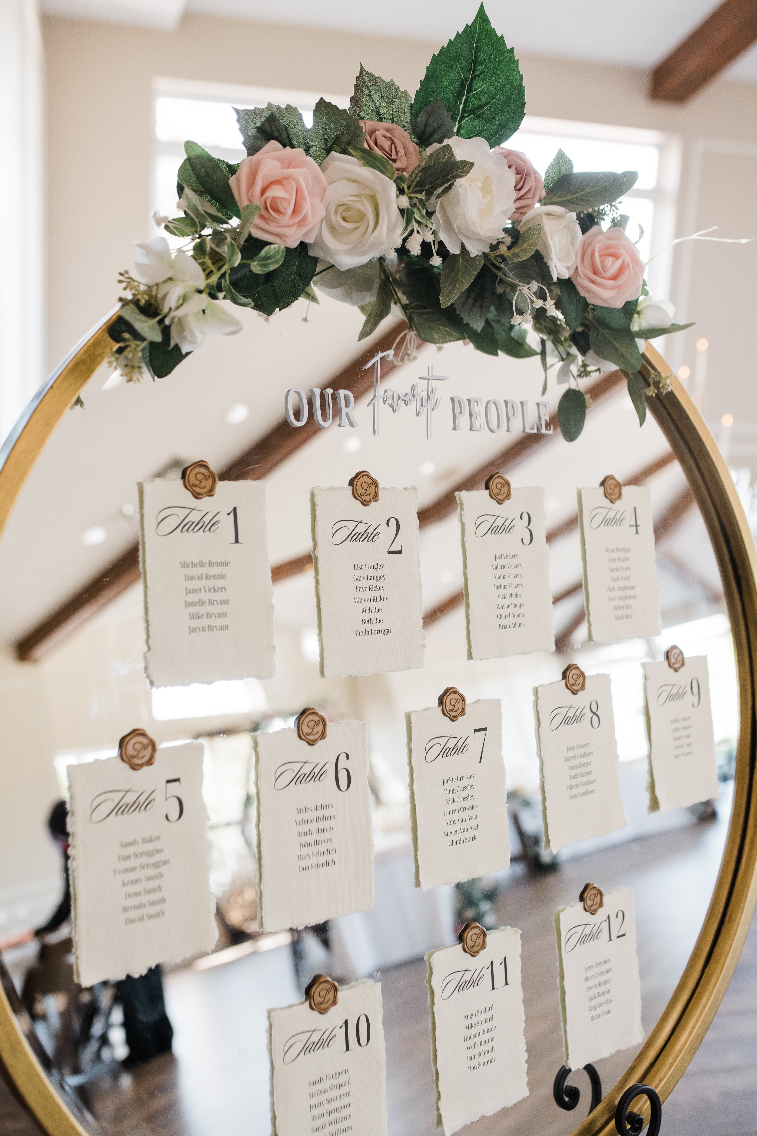 A mirror with a floral wedding table seating chart at the top, decorated with pink and white roses and green leaves. It displays the words 'Our Favorite People' in silver letters, with numbered cards for tables listing guest names, attached to the mi