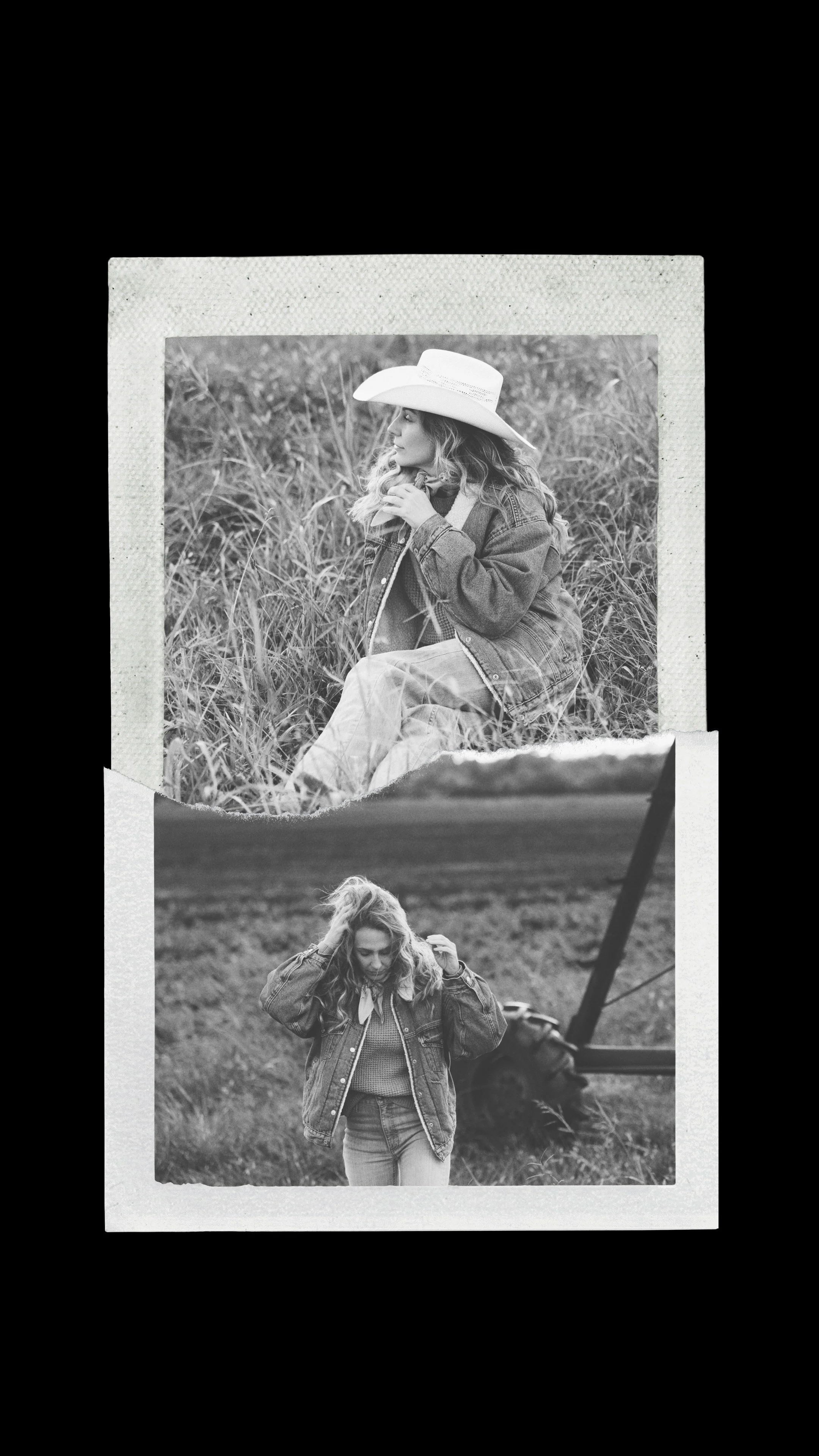 Black and white photo featuring two images of a woman outdoors; in the top image, she is sitting in tall grass wearing a cowboy hat and denim jacket, and in the bottom image, she is standing near farmland, adjusting her hair, with a tractor in the background.