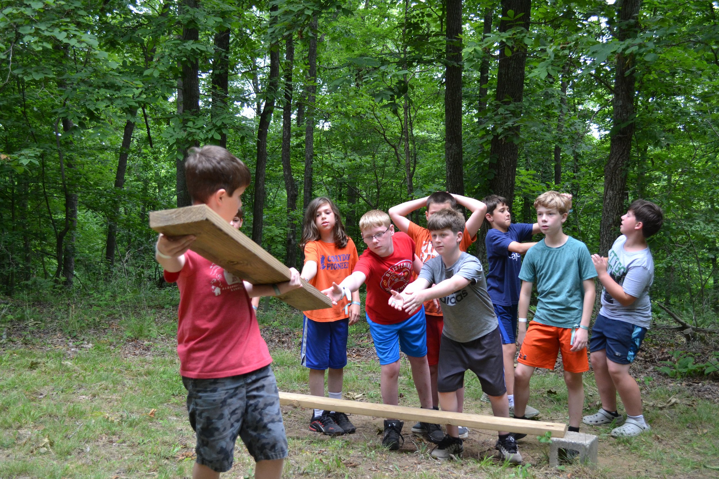 A group of children outside in a forest, participating in a team-building activity involving holding a wooden plank balanced on concrete blocks.