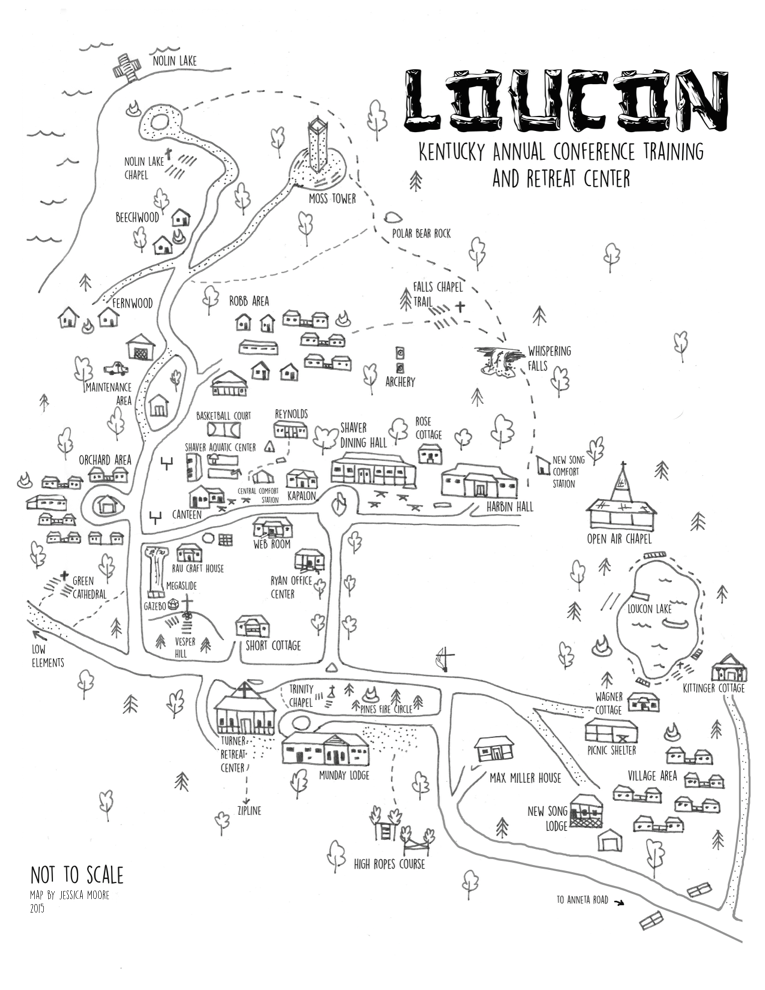 Map of Loucon Kentucky Annual Conference Training and Retreat Center with buildings, trails, and natural features labeled.