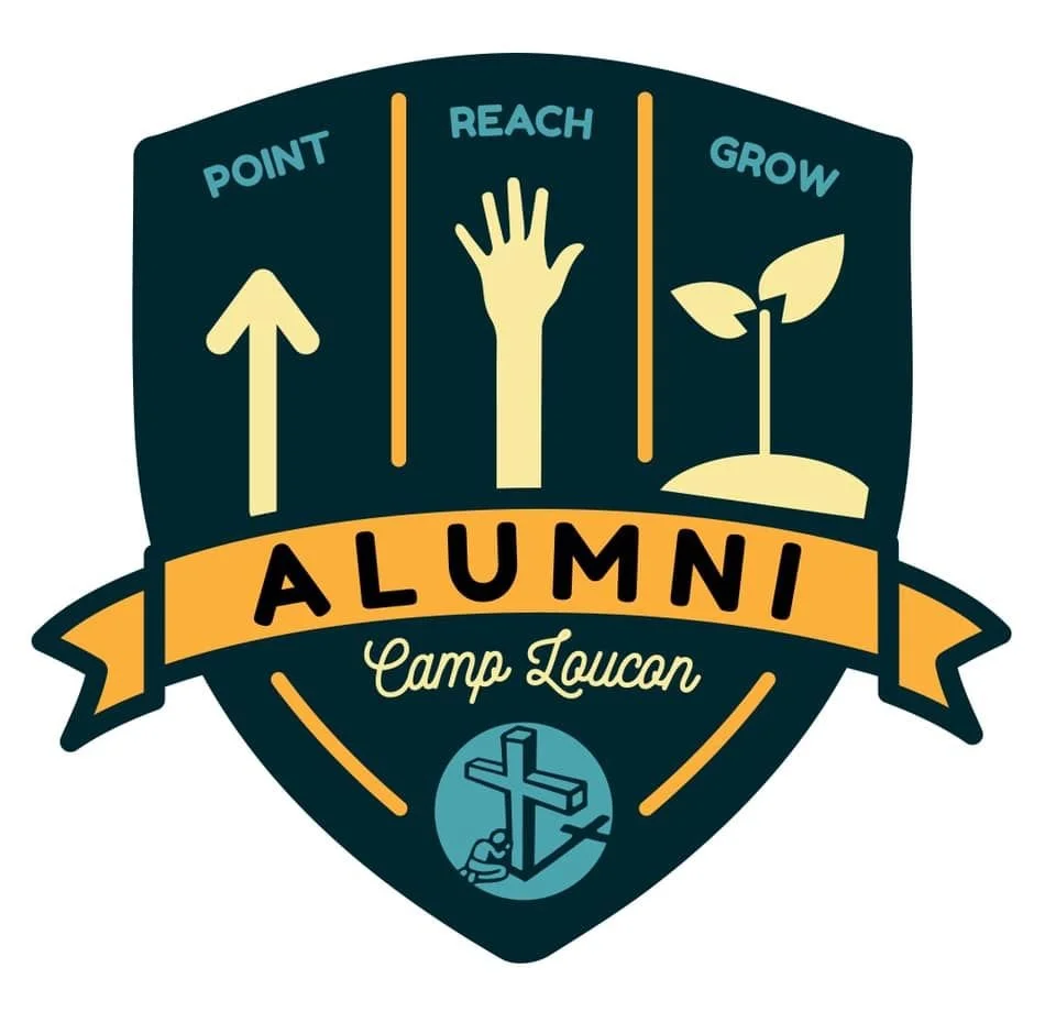 A badge with the words 'ALUMNI Camp Loucon' and the phrases 'Point,' 'Reach,' and 'Grow' with icons of an upward arrow, reaching hand, and a sprouting plant.