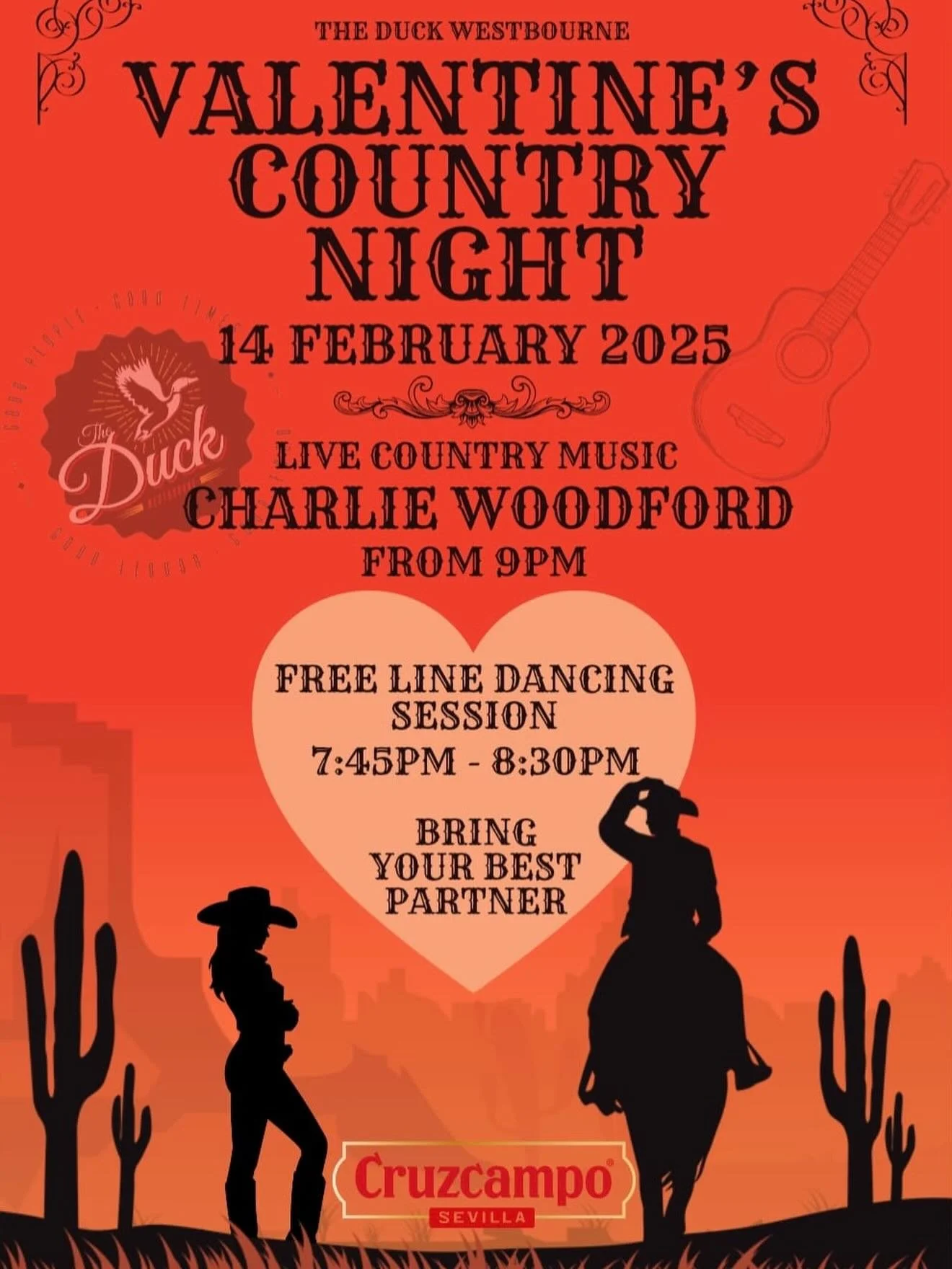 Looking for Valentine&rsquo;s plans off the beaten track? Saddle up and head to The Duck 🦆

🤠 Country Night &ndash; Valentine&rsquo;s Edition
🎶 Live country music from Charlie Woodford @ 9pm
💃 FREE line dancing 7.45&ndash;8.30pm (no partner neede