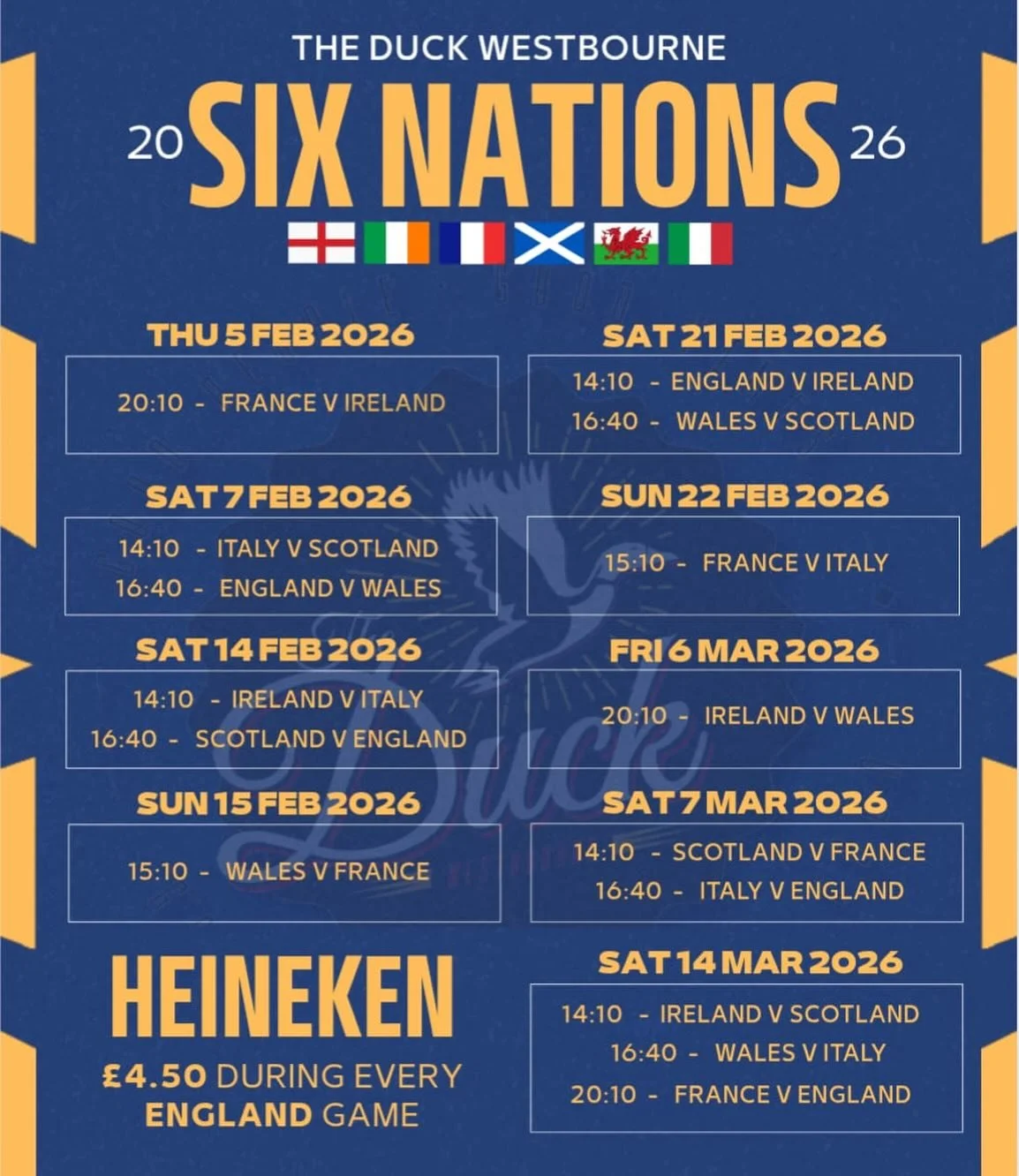 Who&rsquo;s ready for the Six Nations? 🏉 

We&rsquo;ll be showing every 6 Nations match live, so you won&rsquo;t miss a single tackle, try, or dramatic last-minute conversion. 

England fans - we&rsquo;ve got you covered. Heineken pints just &pound;