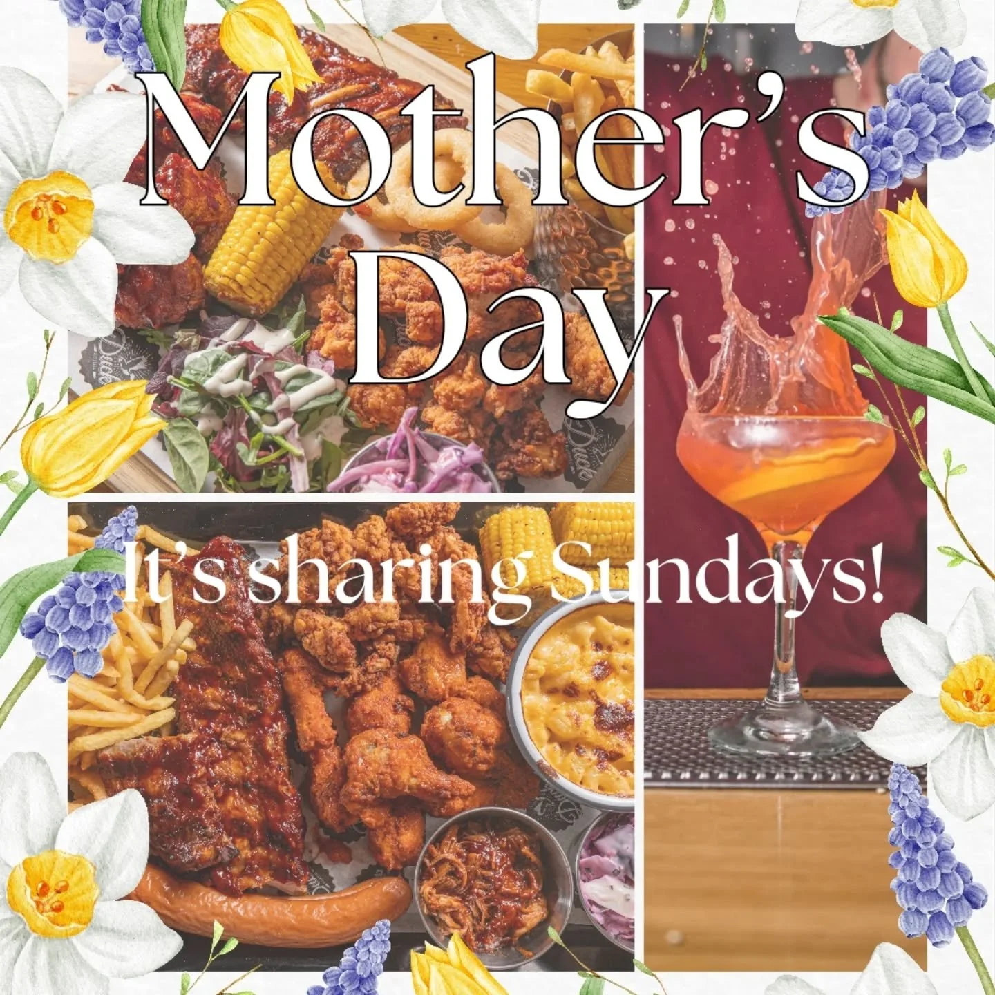 Treat Mum this Mother's Day!

Mum gets a cocktail on us, we'll be serving a bespoke cocktail menu, and there'll be live music from George Holloway from 6:30pm - 8:30pm.

It's also Sharing Sunday, so enjoy discounts on our sharing platters, perfect fo