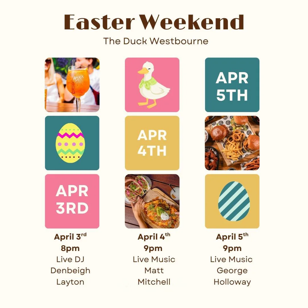Make the most of your Easter weekend

Join us for a full weekend of music, drinks, and good vibes:
Live DJ &ndash; Friday 3rd April from 8pm
Live music &ndash; Saturday 4th &amp; Sunday 5th April from 9pm

Happy Hour
Friday&ndash;Sunday: 4pm&ndash;7p