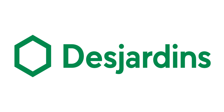 Logo de Desjardins avec une icône hexagonale verte et le nom en lettres vertes.
