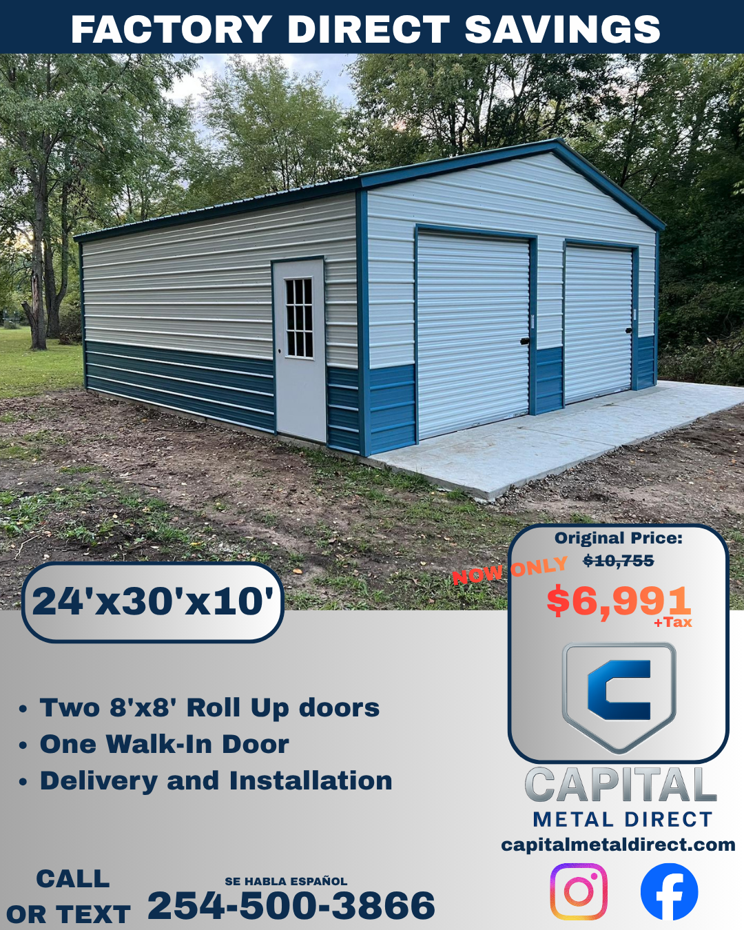 A large metal storage building with two roll-up doors and one walk-in door, situated outdoors on a concrete pad, surrounded by trees and grass.