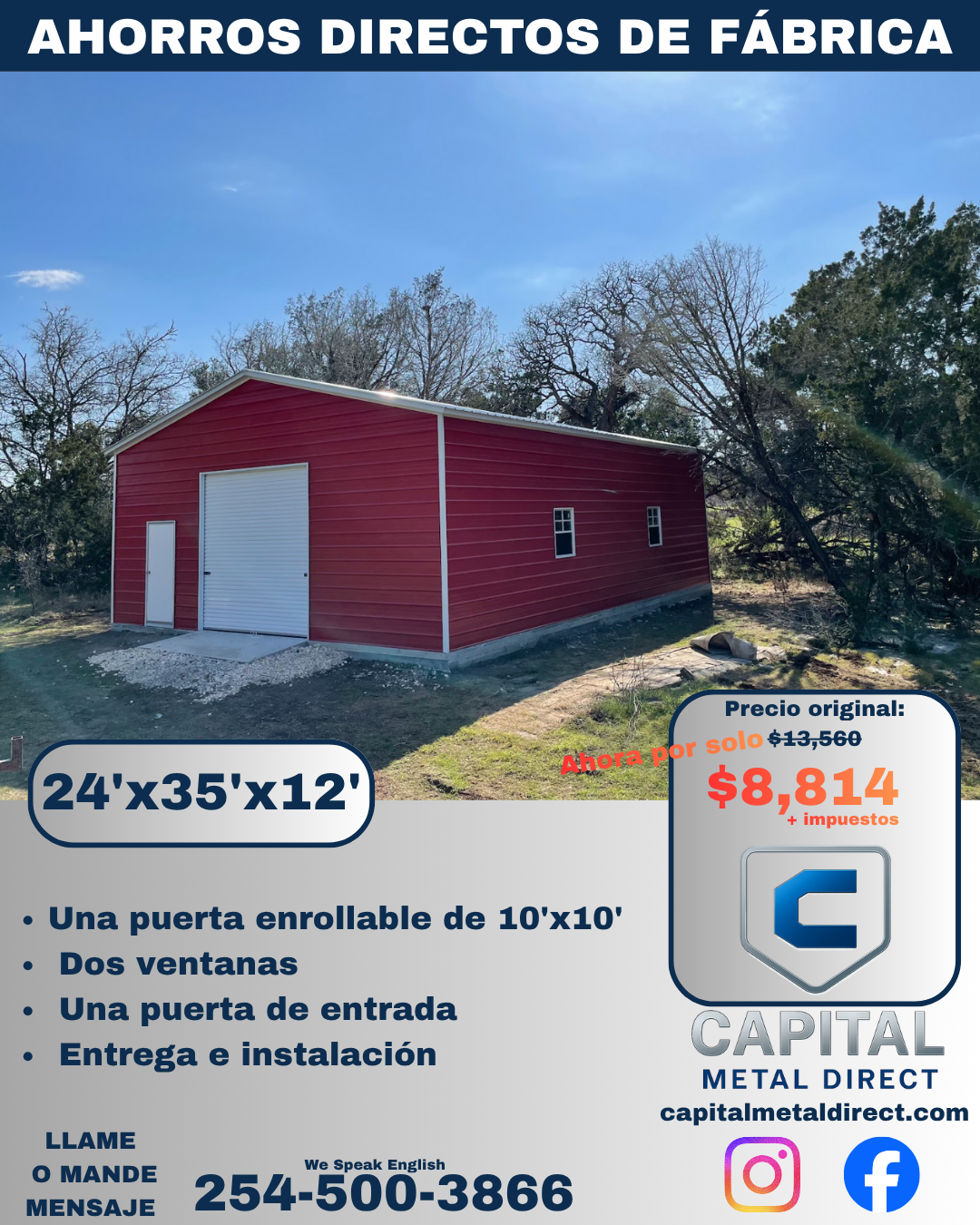 Advertisement for a metal storage building with dimensions 24x35x12 feet, featuring one 10x10 roll-up door, two windows, and one entry door. The original price was $13,560, now discounted to $8,814 plus taxes. Company name is Capital Metal Direct, with contact number 254-500-3866, and social media icons for Instagram and Facebook.