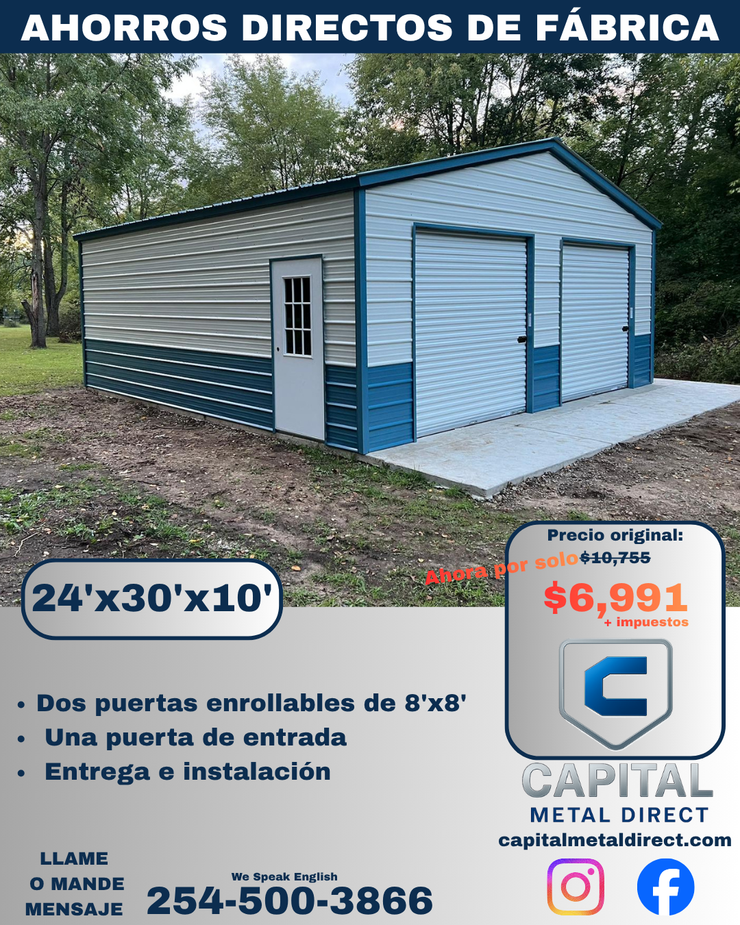 A metal storage building with two roll-up doors and one entry door, set outside on a concrete slab with trees in the background.