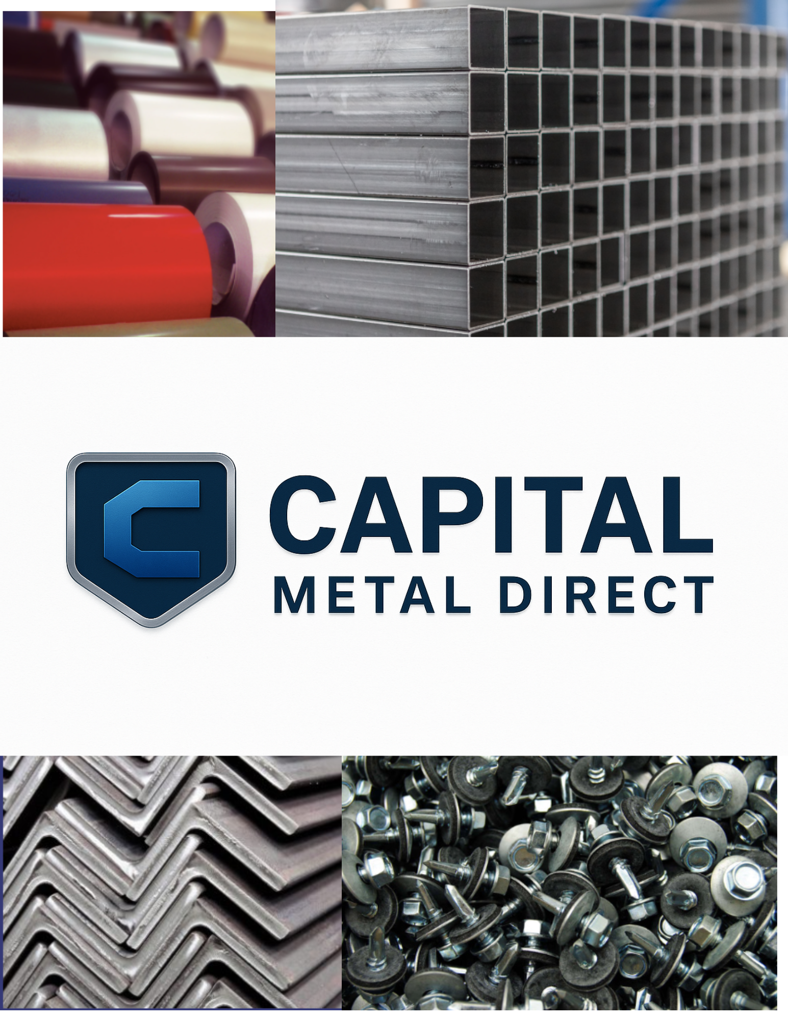Composite image of metal materials and company logo. Top left has various colored metal rolls, top right shows stacked metal squares, bottom left depicts metal angles, bottom right displays metal nuts and bolts, all surrounding a central logo for 'Capital Metal Direct'.