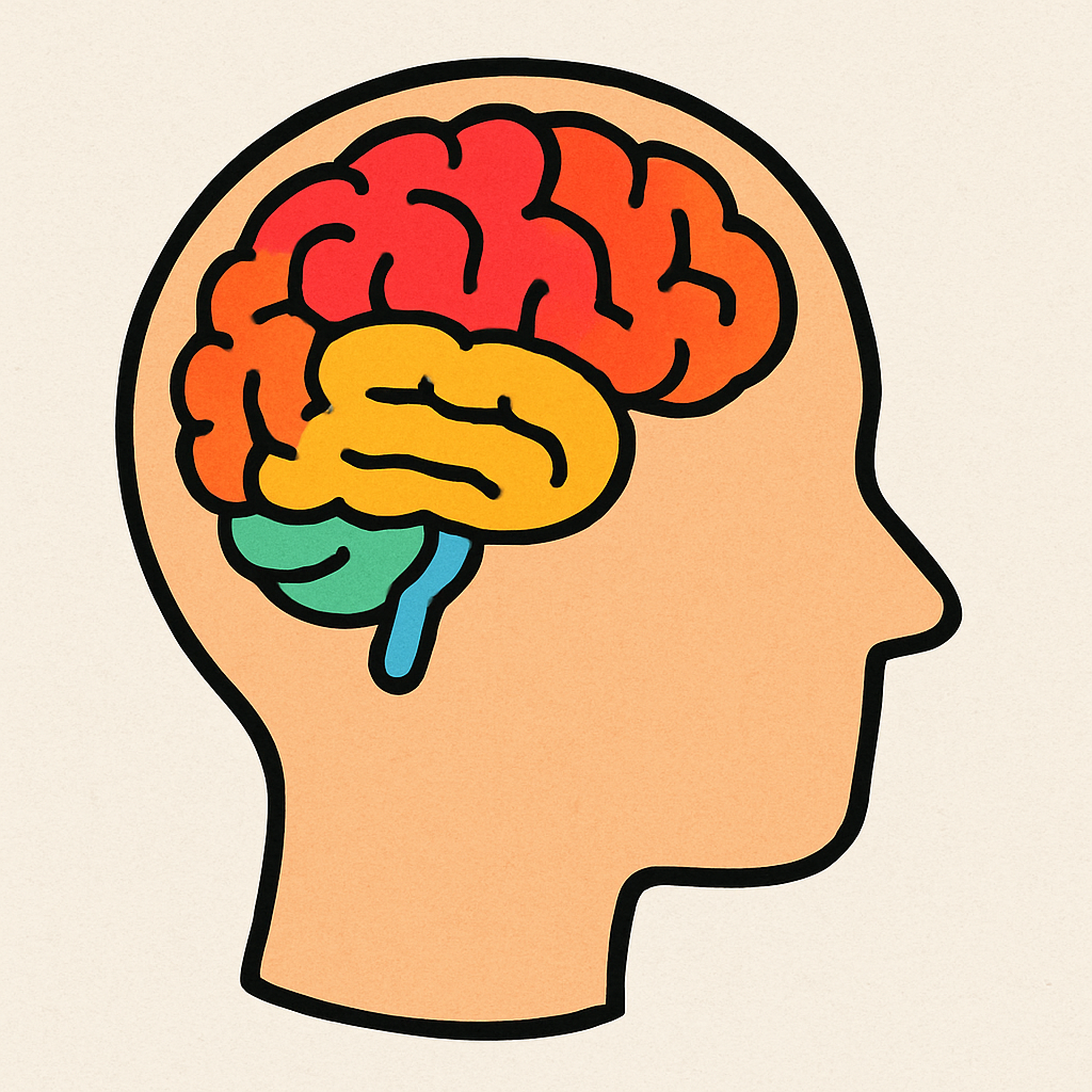 Illustration of a human head in profile with a colorful, schematic representation of a brain inside in red, orange, yellow, green, and blue.