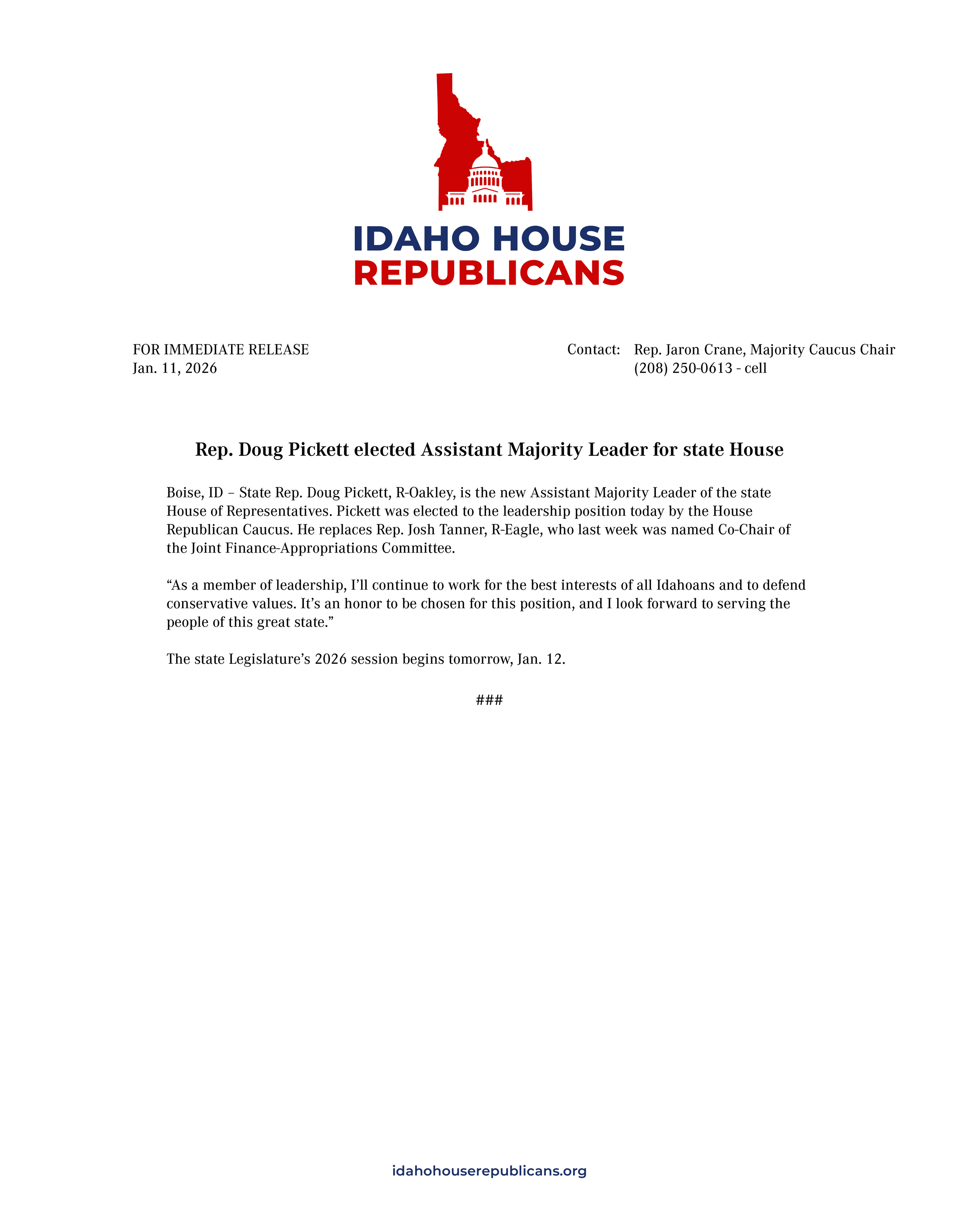 Rep. Doug Pickett elected Assistant Majority Leader for state House