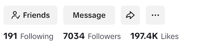 Social media profile header showing options to Friends, Message, Share, and More, with follower and like counts.
