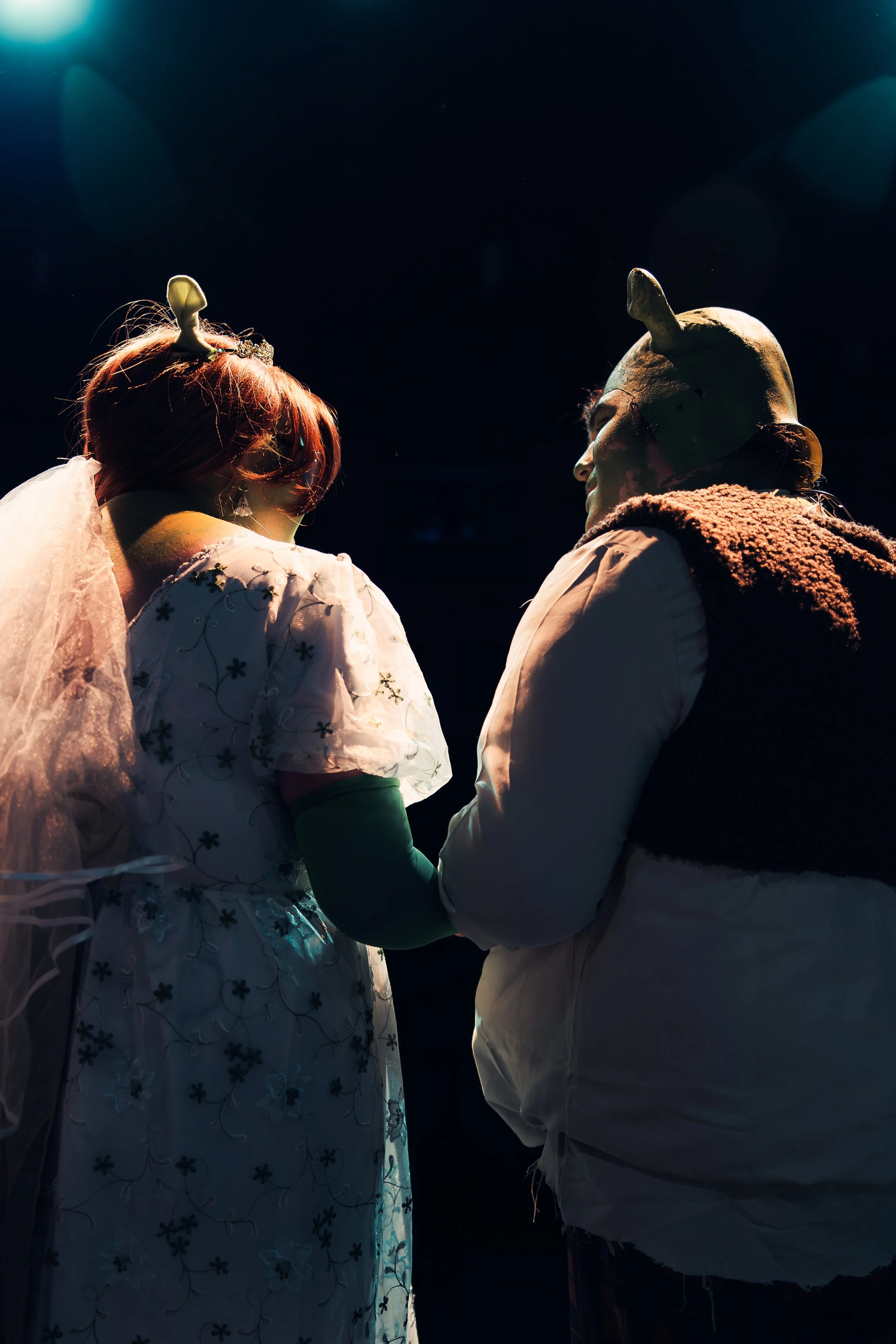 Shrek and Fiona in wedding costumes, photographed from behind in spotlight.