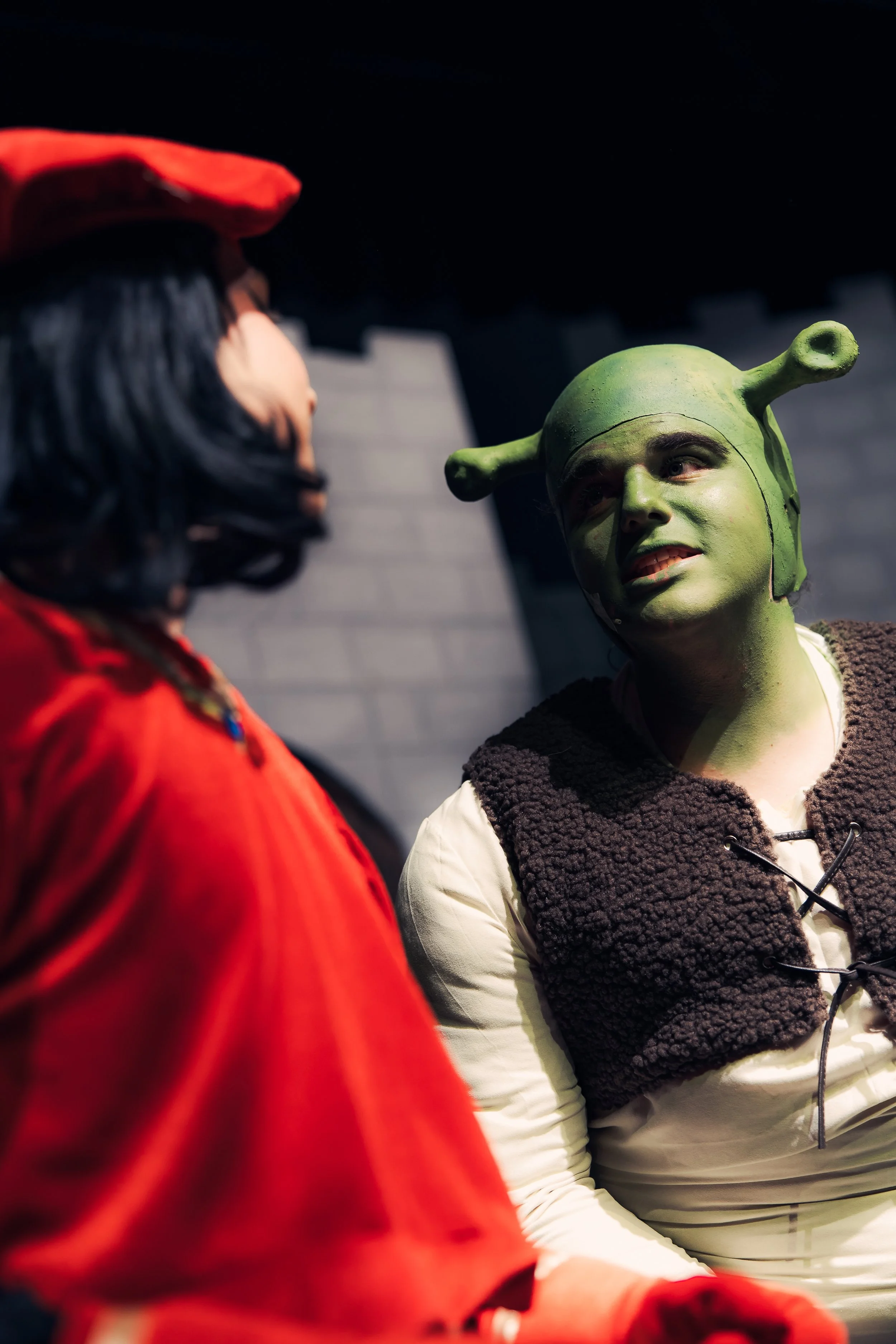 Shrek and Lord Farquaad close together on the castle set.
