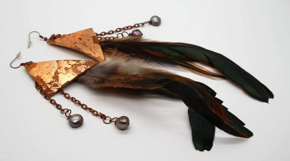 Large birch bark, feather, and abalone earrings