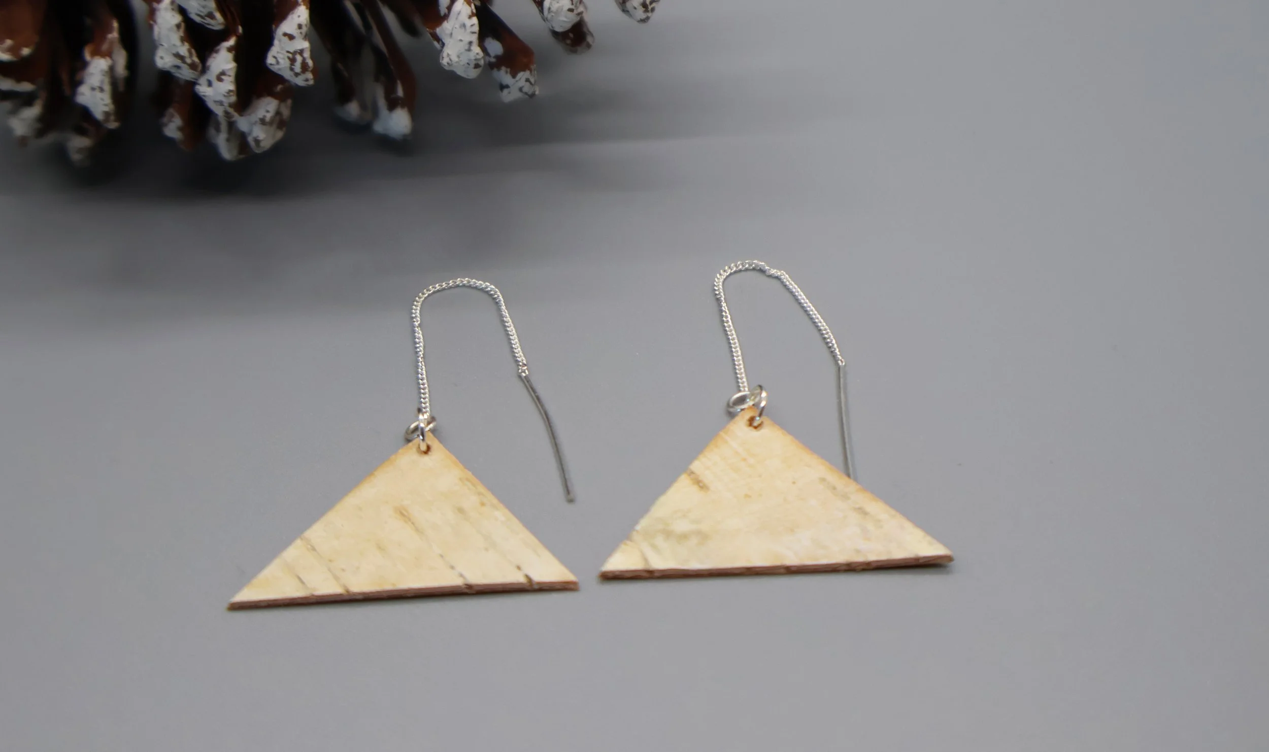 Sterling silver thread earrings with birch bark