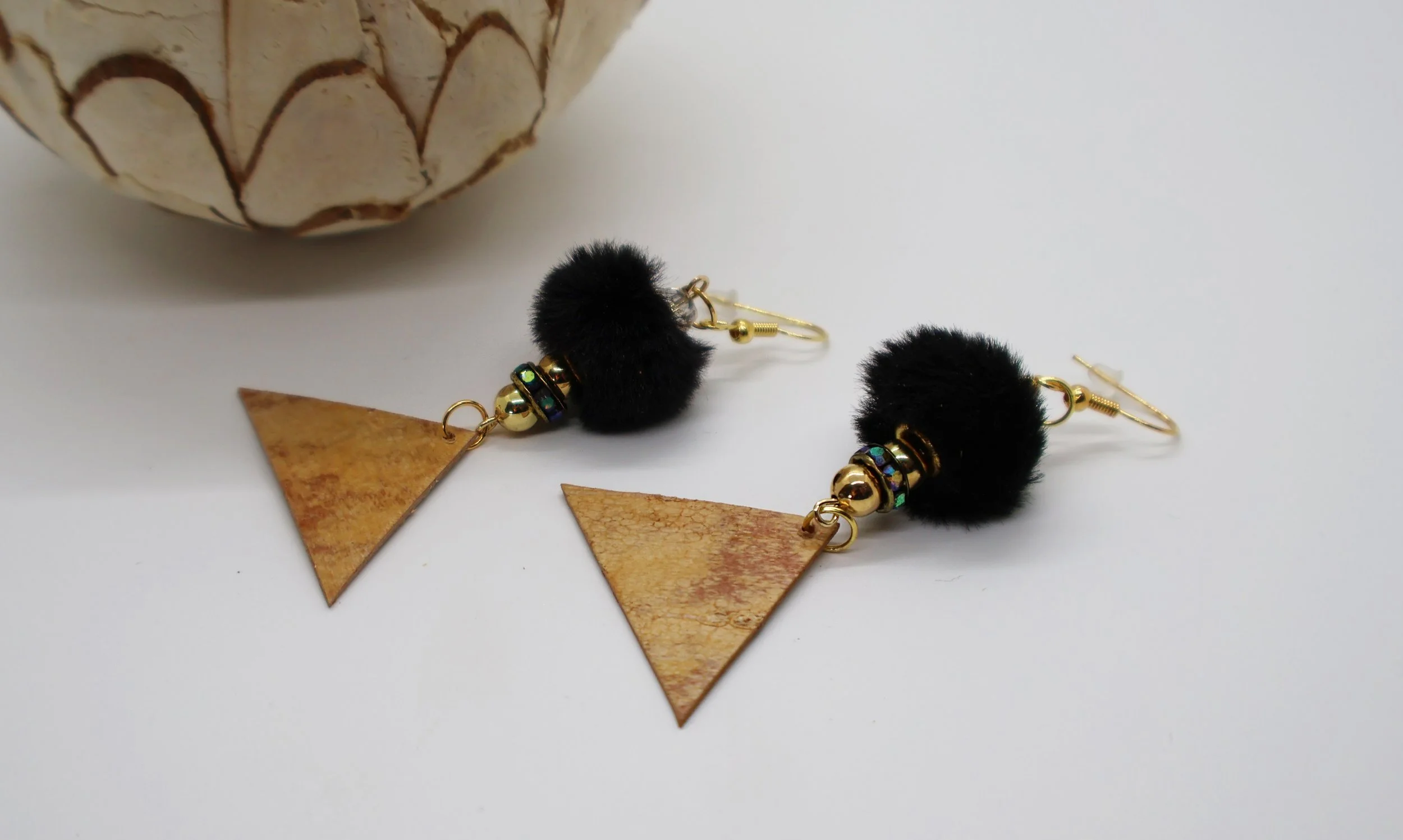 Mini pom pom, rhinestone and birch bark earrings