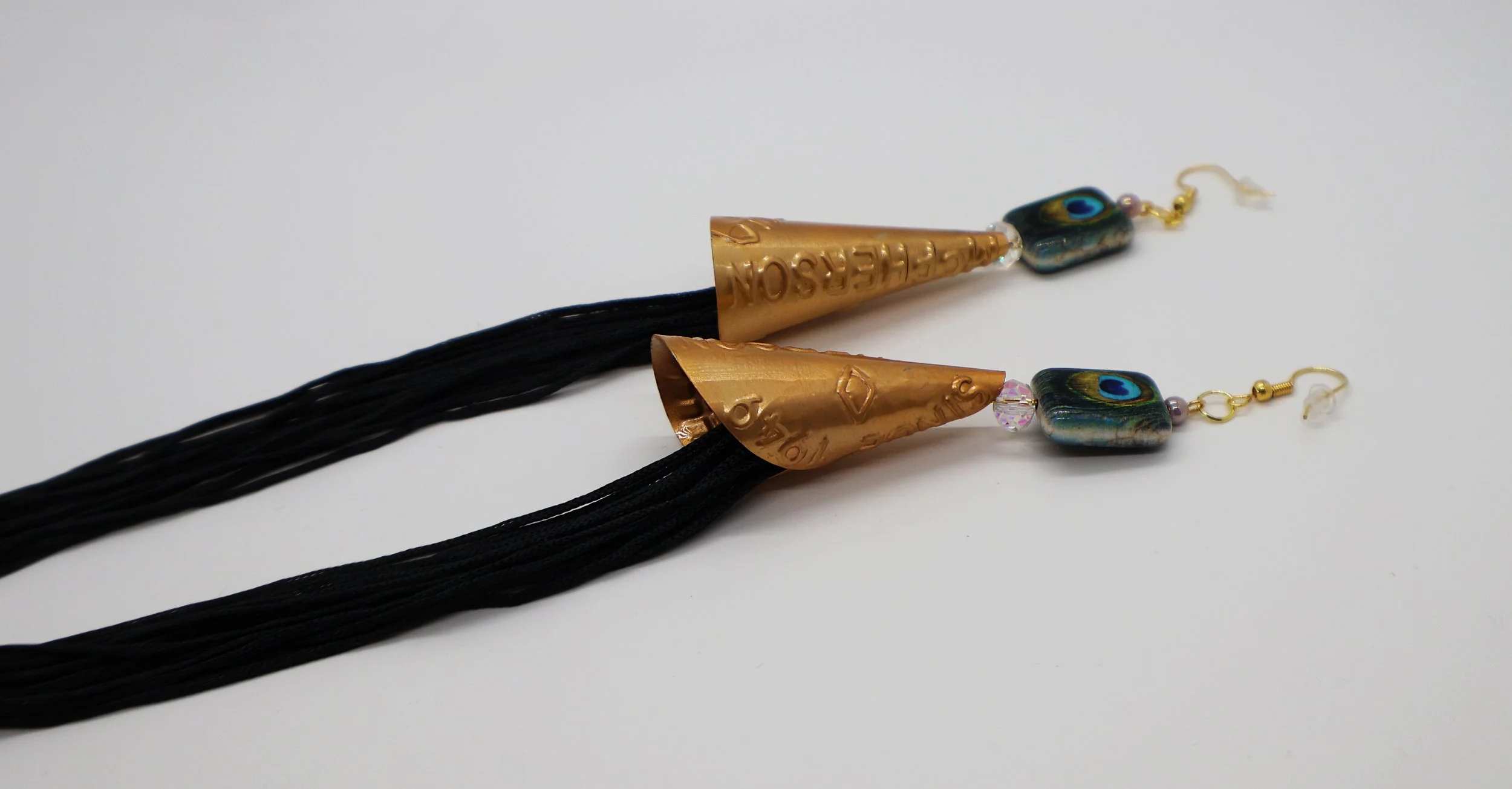Brass cone earrings, tassel and ceramic beads