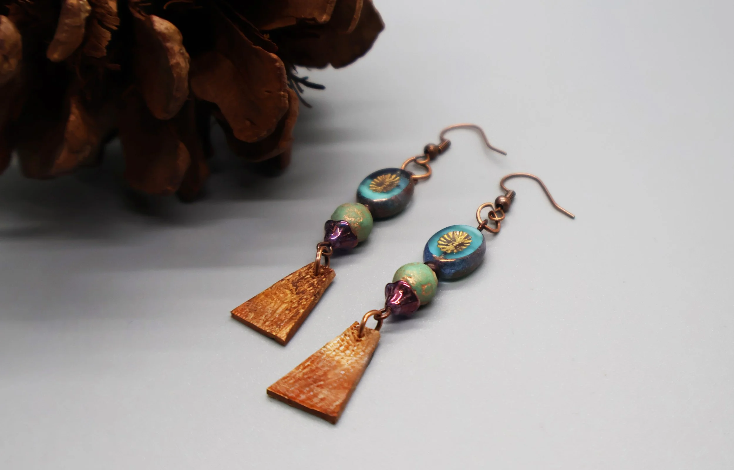 Birch bark and Czech beaded earrings