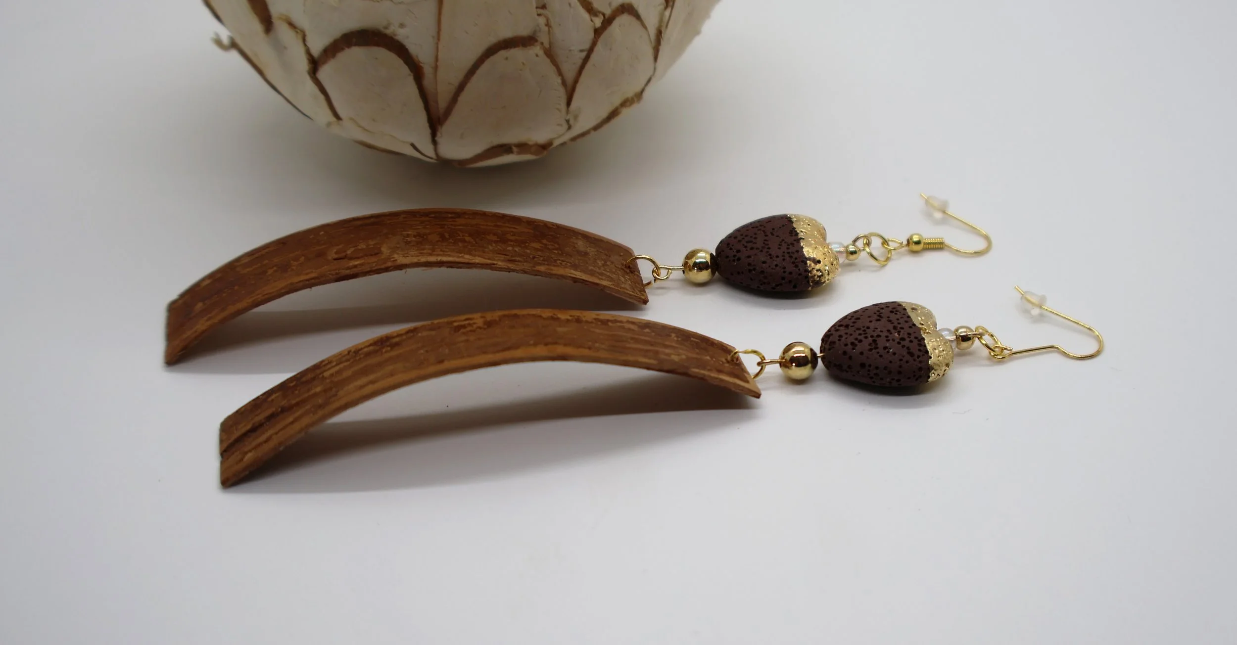 Birch bark earrings with heart-shaped clay earrings