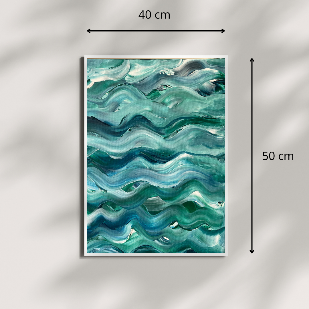 Abstract wave painting. Fluid, overlapping brushstrokes in green, teal, turquoise, blue and white. The wavy patterns flow horizontally across the canvas, creating a sense of movement reminiscent of ocean waves. Soft and blended brushstrokes. Delivery