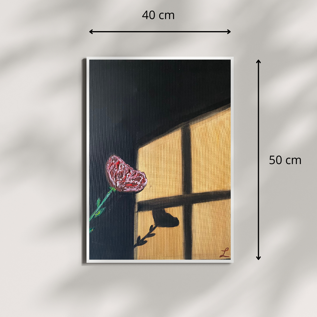 Red, pink flower, green leaves, black background. The flower leans toward a warm, golden window creating a shadow onto the wall. Contrast between the background and illuminated window creates a moody atmosphere. The painting is elegant, minimalistic