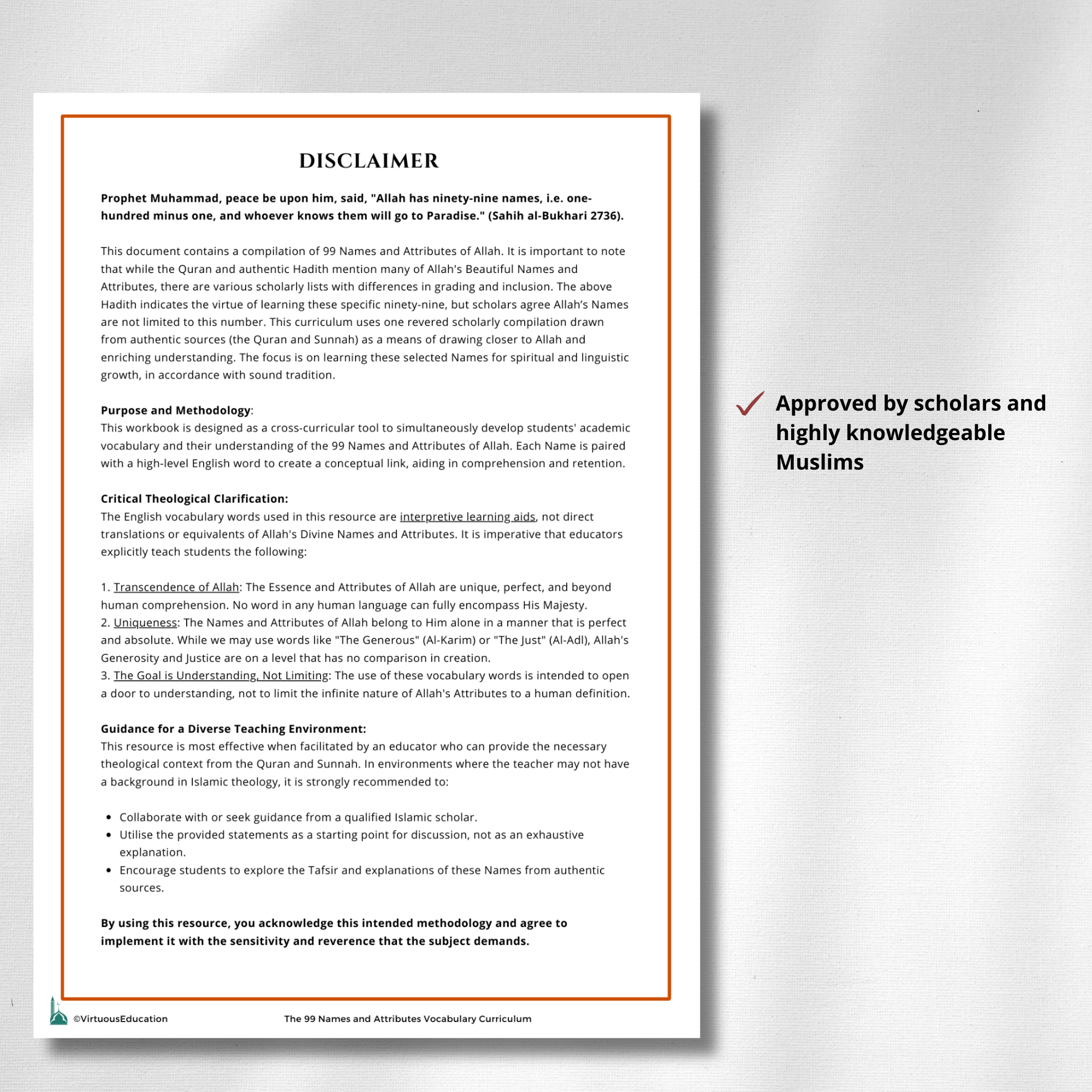 99 Names and Attributes of Allah Workbook Disclaimer