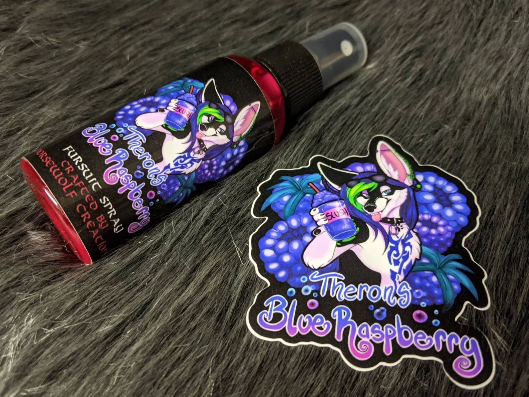 Theron's Blue Raspberry fursuit spray 50ml + 3" sticker by Norsewolf Creations
