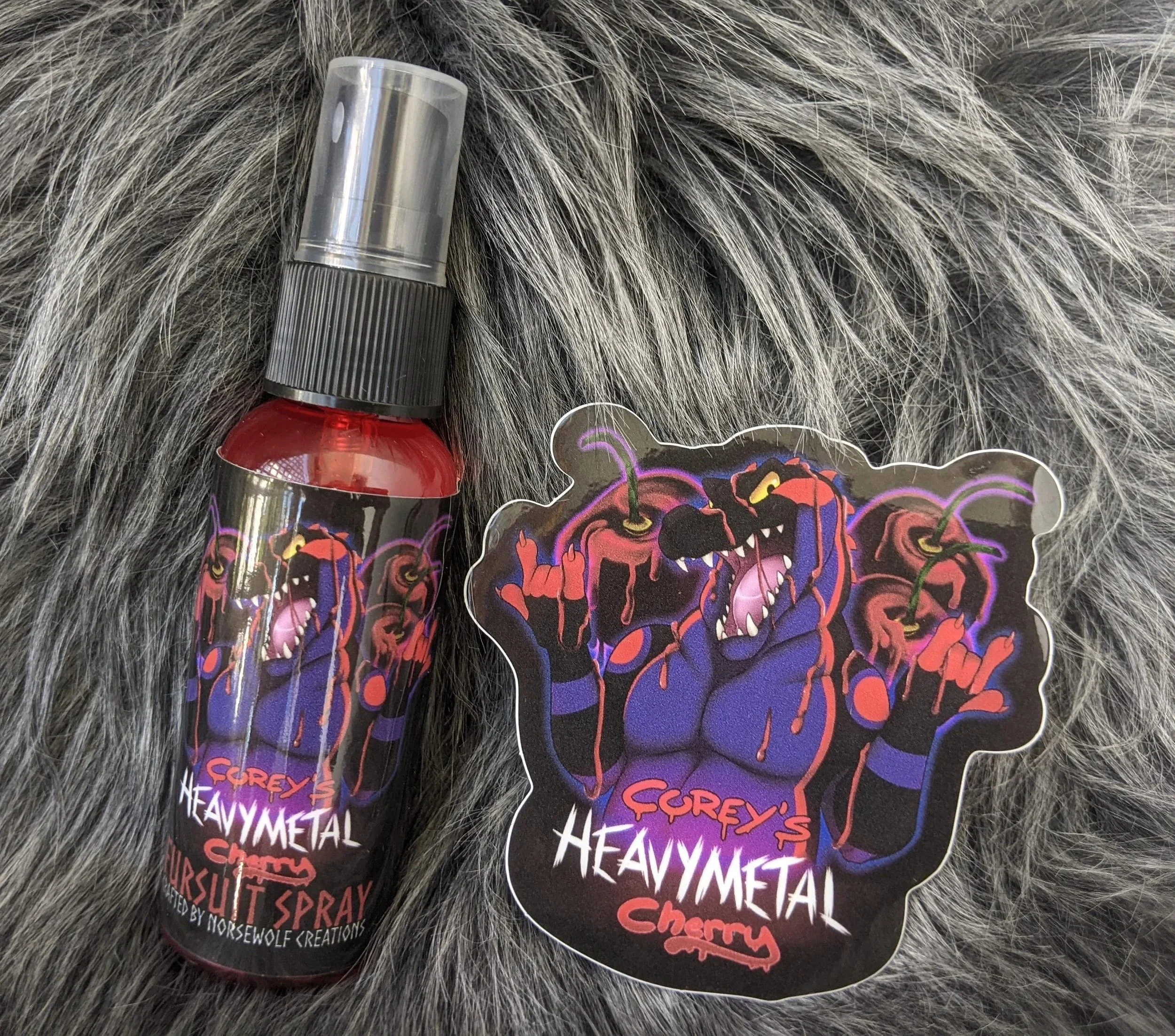 Corey's Heavy Metal Cherry fursuit spray 50ml + 3" sticker by Norsewolf Creations