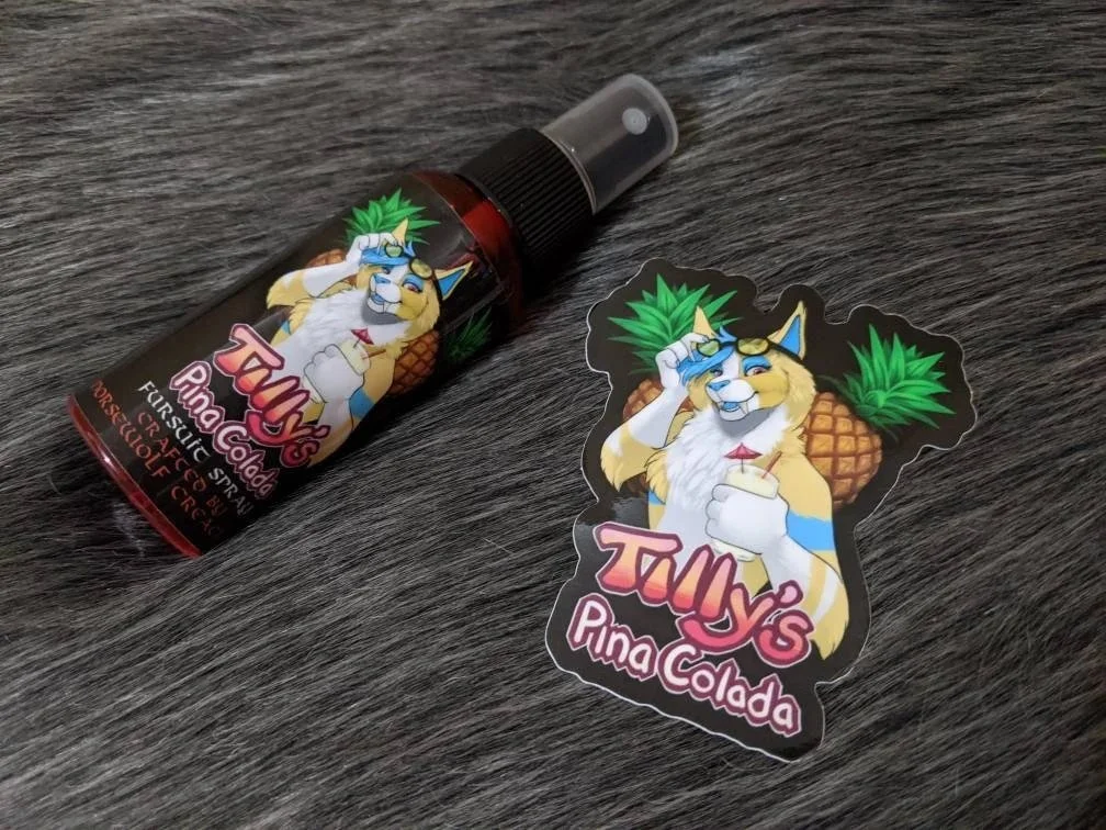 Tilly's Pina Colada fursuit spray 50ml + 3" sticker by Norsewolf Creations