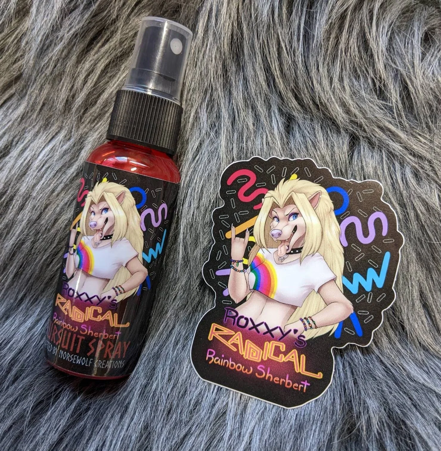 Roxxy's Radical Rainbow Sherbet fursuit spray 50ml + 3" sticker by Norsewolf Creations