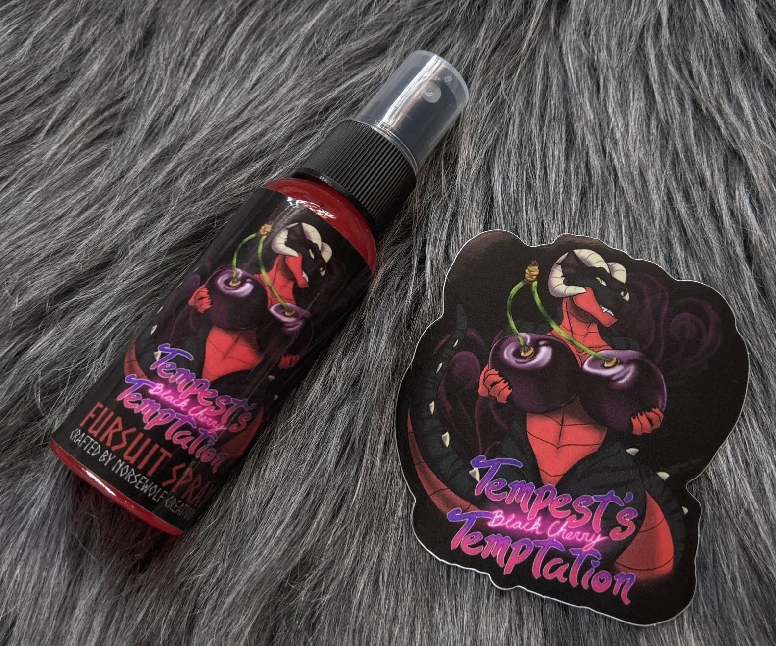 Tempest's Black Cherry Temptation fursuit spray 50ml + 3" sticker by Norsewolf Creations