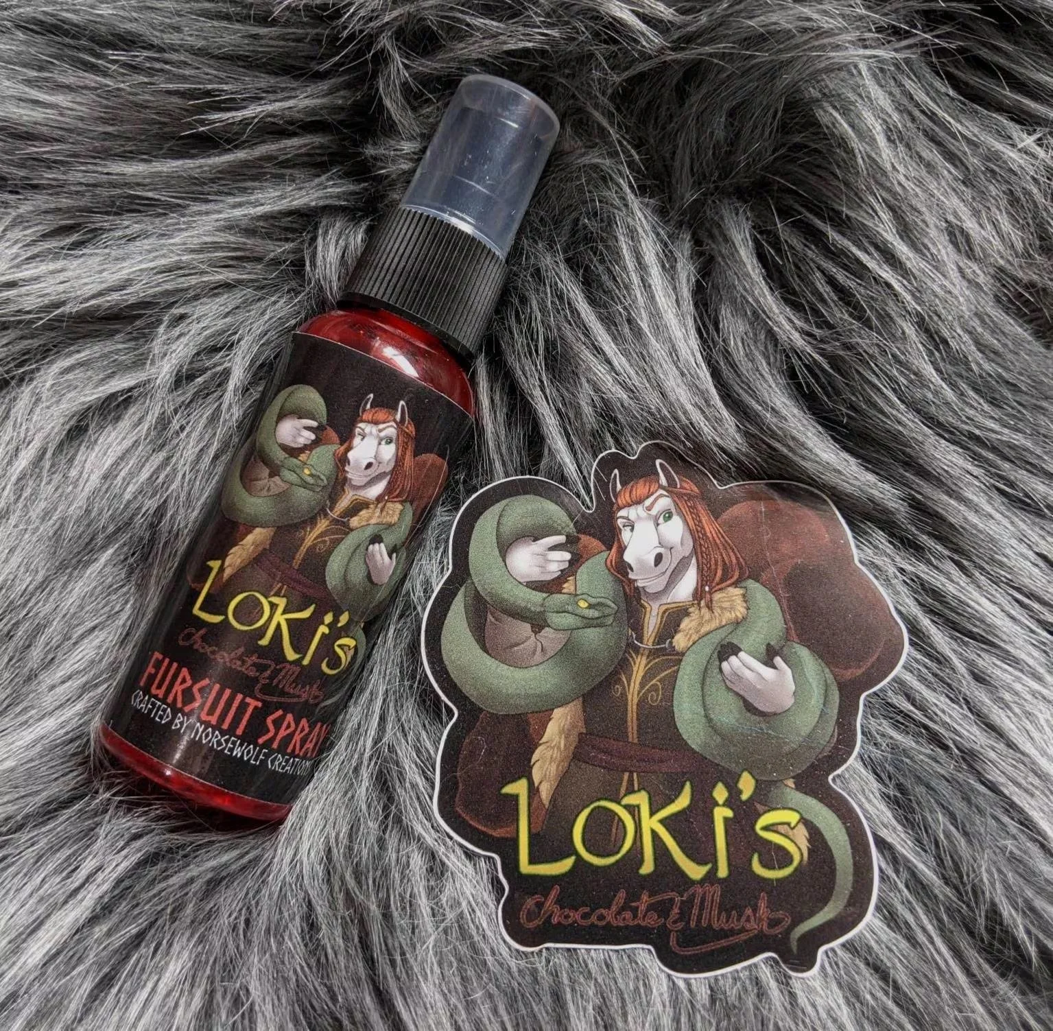 Loki's Chocolate & Musk fursuit spray 50ml + 3" sticker by Norsewolf Creations