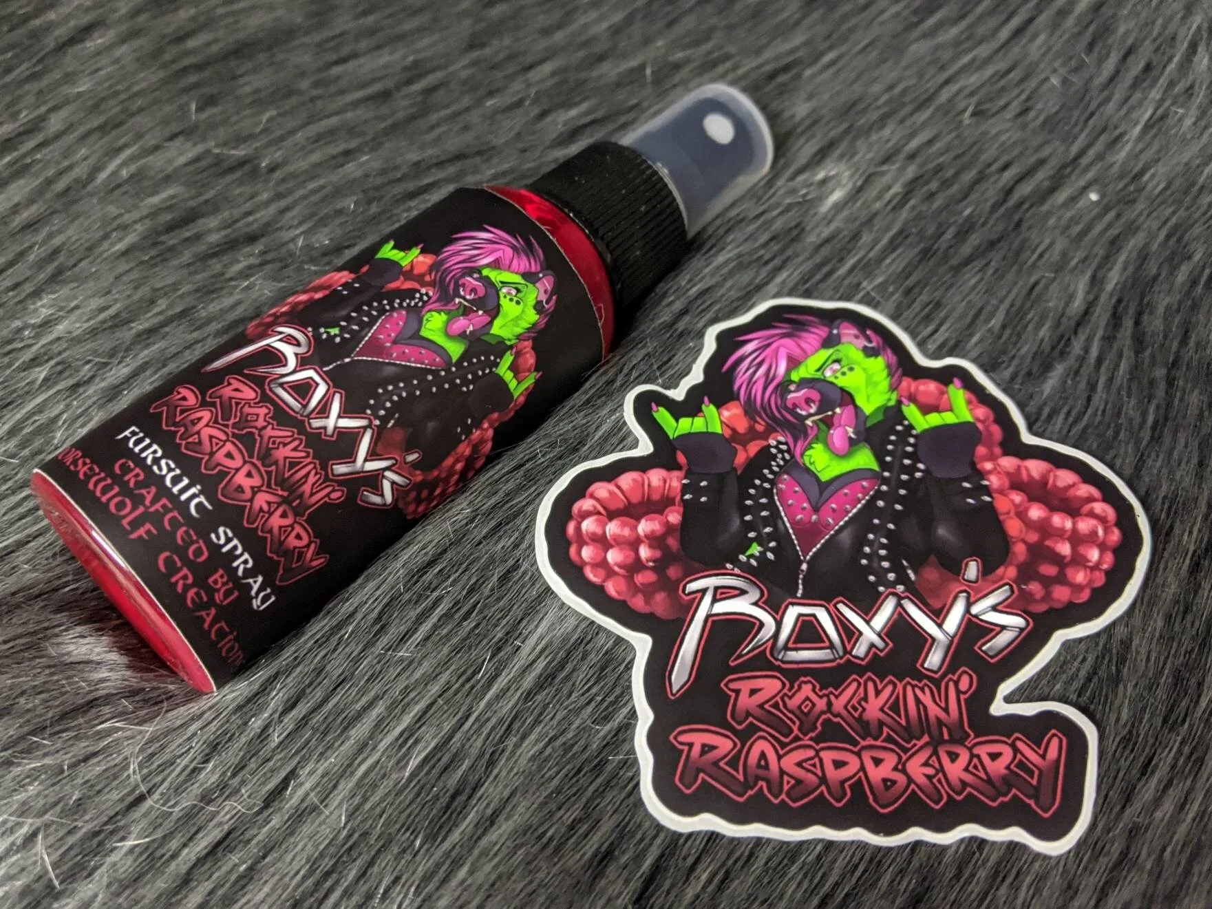 Roxy's Rockin' Raspberry fursuit spray 50ml + 3" sticker by Norsewolf Creations
