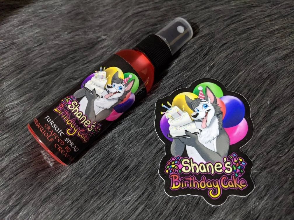 Shane's Birthday Cake fursuit spray 50ml + 3" sticker by Norsewolf Creations