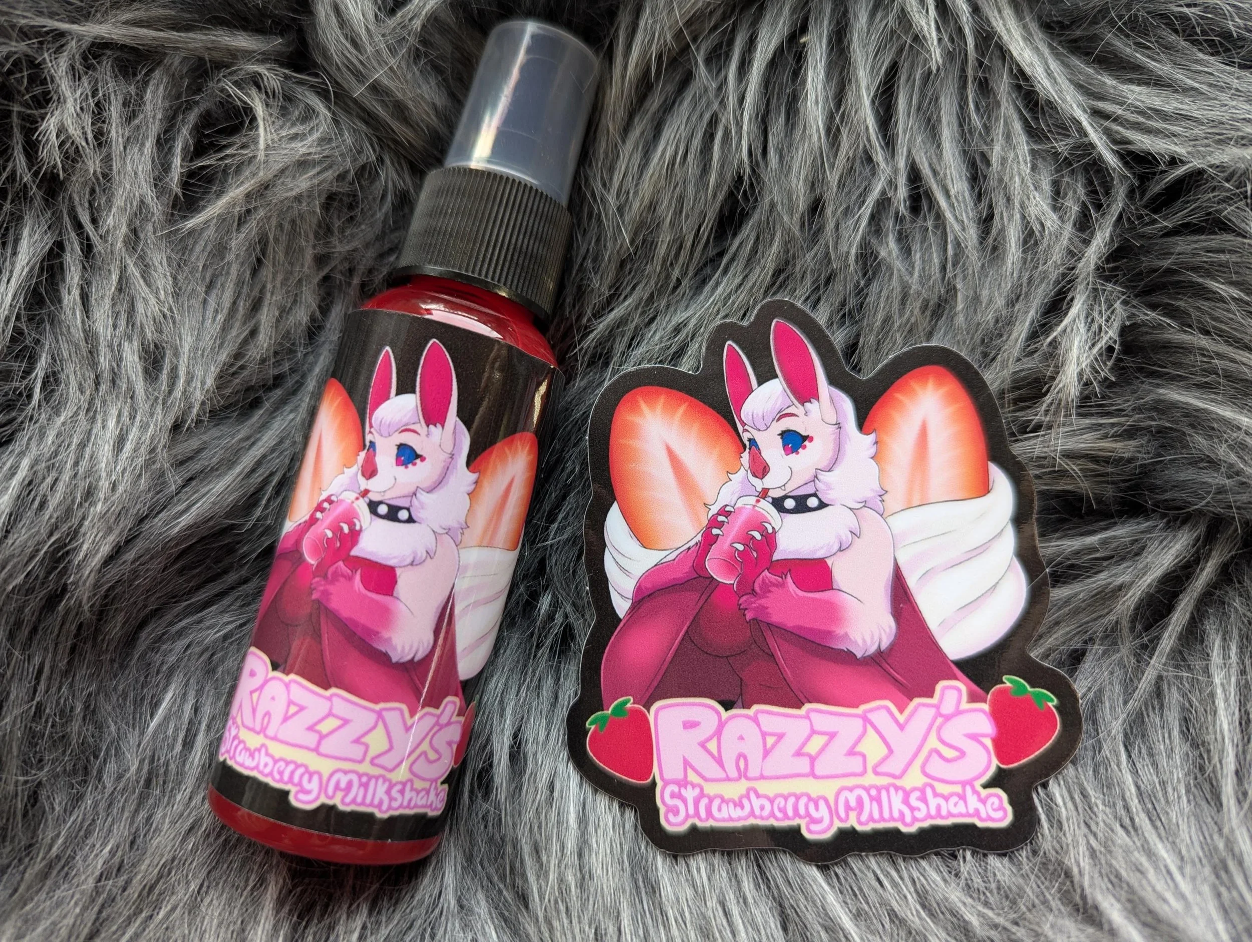 Razzy's Strawberry Milkshake fursuit spray 50ml + 3" sticker by Norsewolf Creations