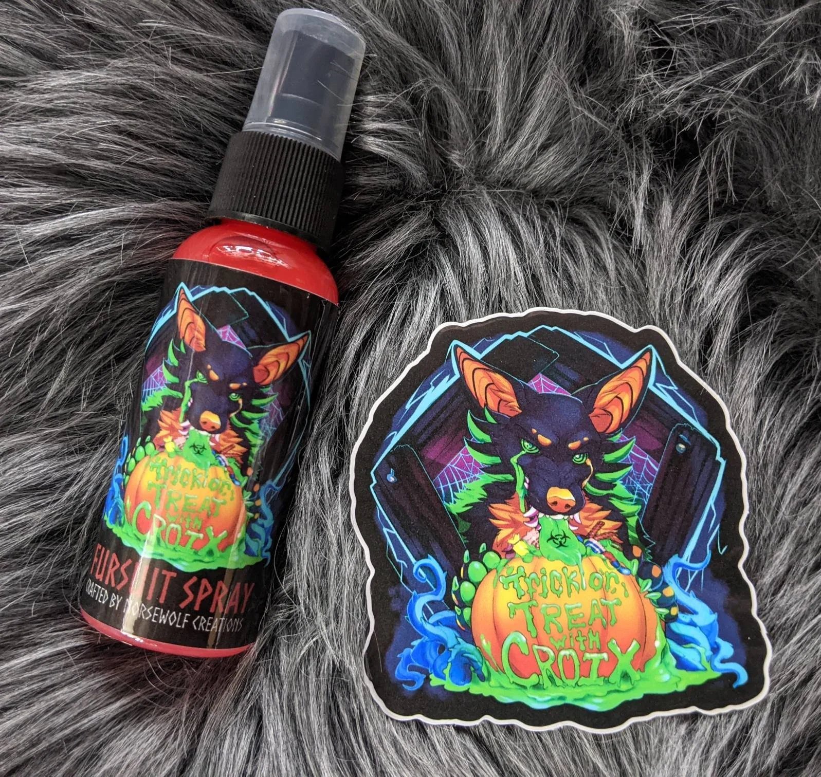 Trick or Treat with Croix fursuit spray 50ml + 3" sticker by Norsewolf Creations