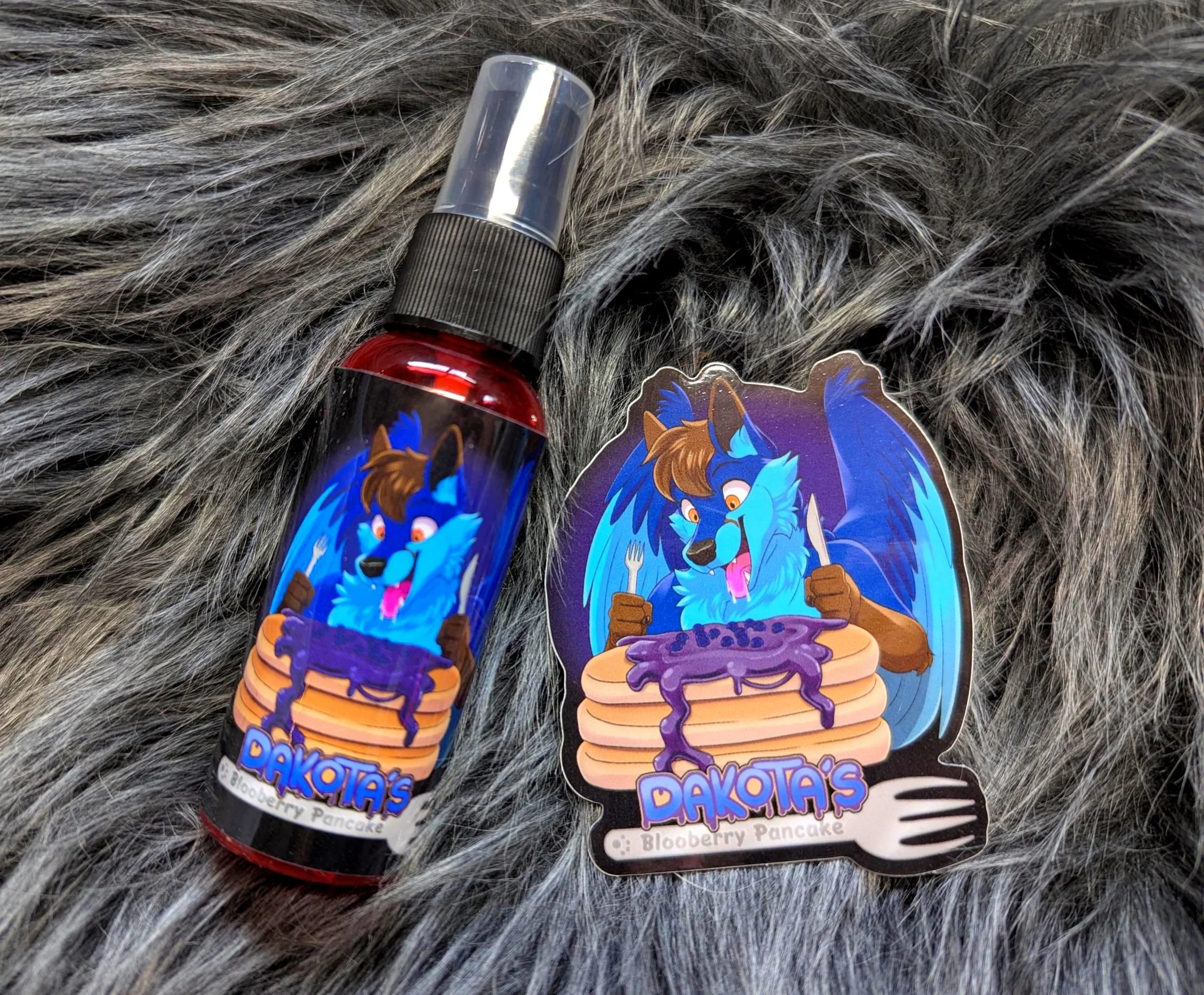 Dakota's Blueberry Pancakes fursuit spray 50ml + 3" sticker by Norsewolf Creations