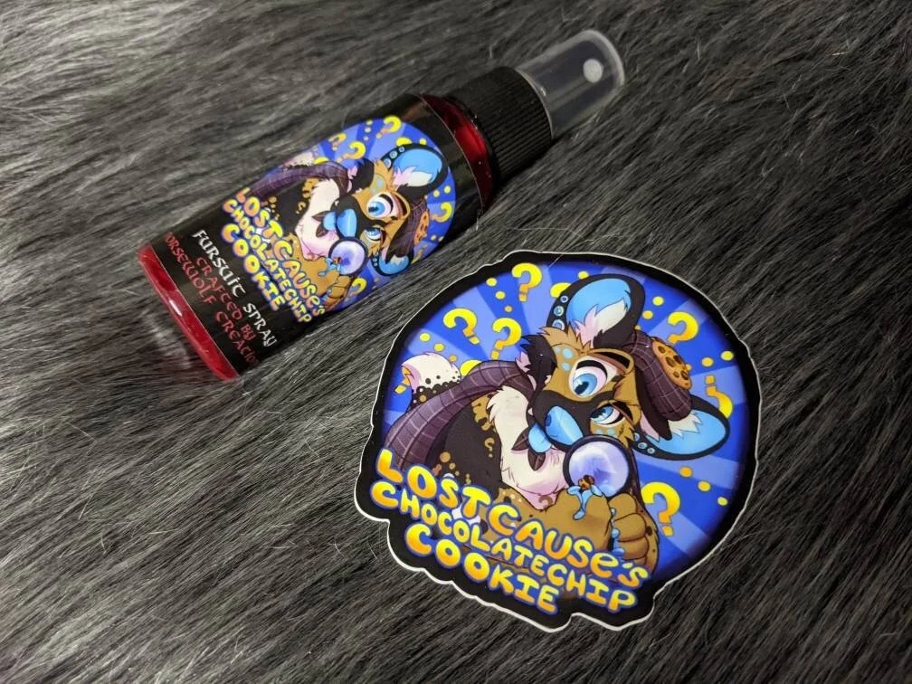 Lost Cause's Chocolate Chip Cookie fursuit spray 50ml + 3" sticker by Norsewolf Creations