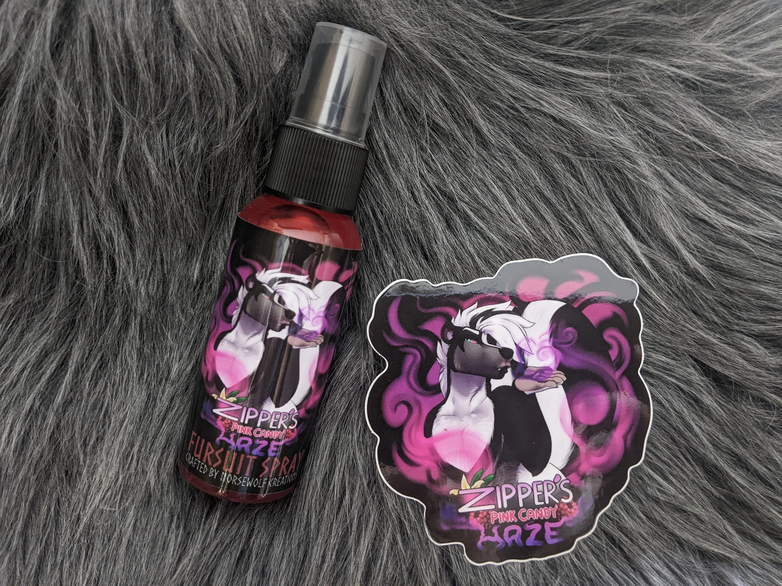 Zipper's Pink Candy Haze fursuit spray 50ml + 3" sticker by Norsewolf Creations